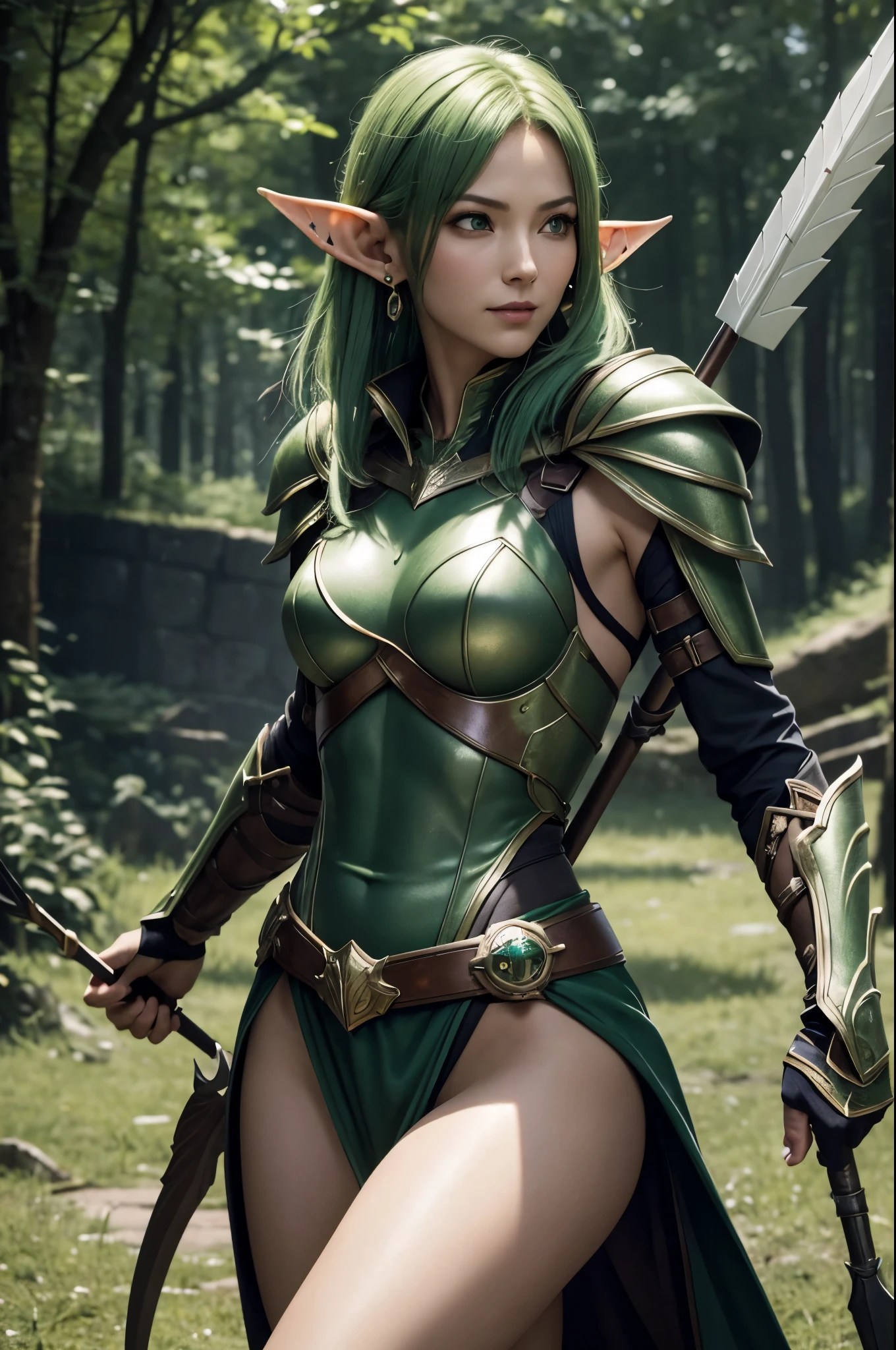 8K,Elven hunters,(masutepiece, Best Quality) Lelianada, mature woman in her 30s, Solo,Super beauty(Like the real thing) very small breasts,real looking skin,Looking at Viewer, short green hair,very small breasts,Upper body, whole body,arma,earrings,armor,Hair over one eye,Green eyes,long elf ears,shoulder armor,Realistic,arrow\(projectile\), Shoulder pads, arrow筒を背負う.超A high resolution,Masterpiece,A hyper-realistic,Fantasyart,curacter art,cinestill 800,alluring glance,A sexy,a closeup,combat scene,action scene,actionpose,kindly smile,A sexyな衣装,Slender and muscular body,Split abs,long thin muscular legs,green short-haired,