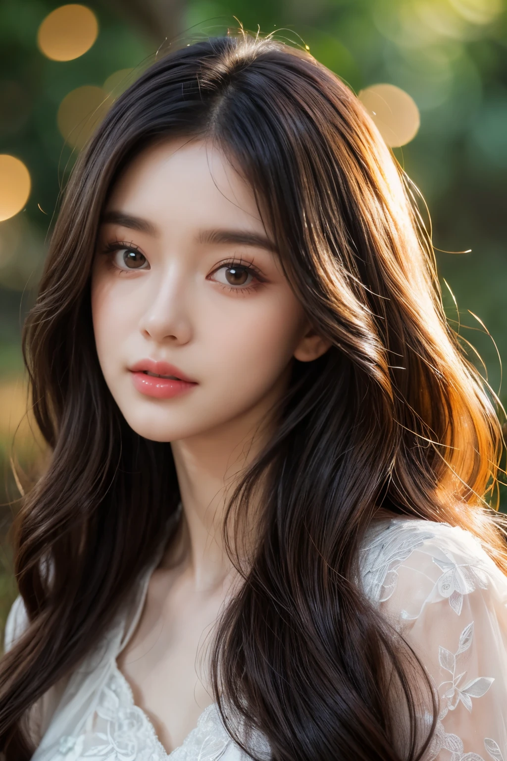 (best quality,8K,CG),detailed upper body,solitary girl,floral forest background,complex facial features,elegant long curly hair,almond-shaped big eyes,detailed eye makeup,long eyelashes,twinkling stars,exquisite lip details,soft and harmonious style.