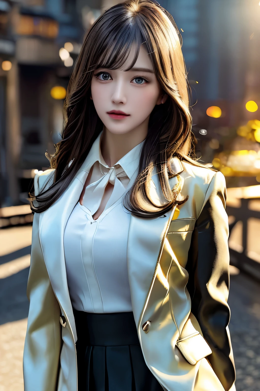 1girl, intricate detail, masterpiece, best quality, extremly detailed,cinematic lighting, beautiful detailed glow, finely detailed beautiful face and eyes, 8k, dark intense shadows, yellow eyes, medium hair, black hair, bangs, floating hair, black jacket, open jacket, white shirt, expressionless, yellow necktie, black skirt, spotlight, sunshine, sunrise, gradient sky, city, lens flare, cowboy shot, [[curvy]], [mature female]