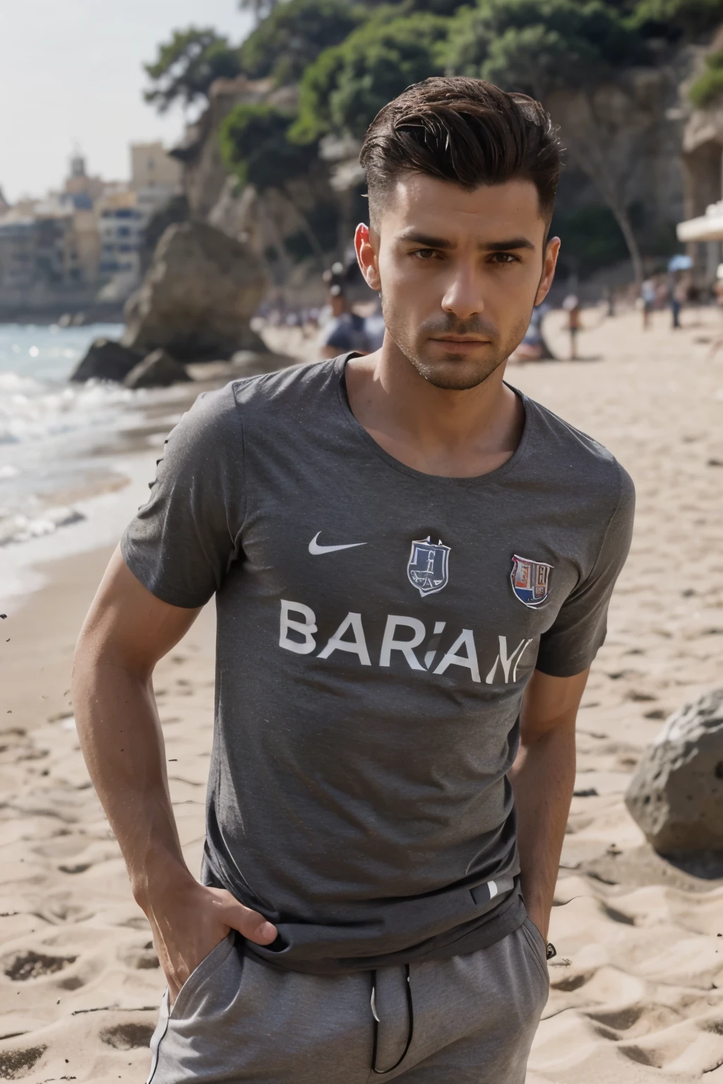 Garçon noir 16 mince petit pecs petit bras en short de plage coiffure taper teint en gris et noir cheveux avec curl t-shirt du Barça 2023 Spotify