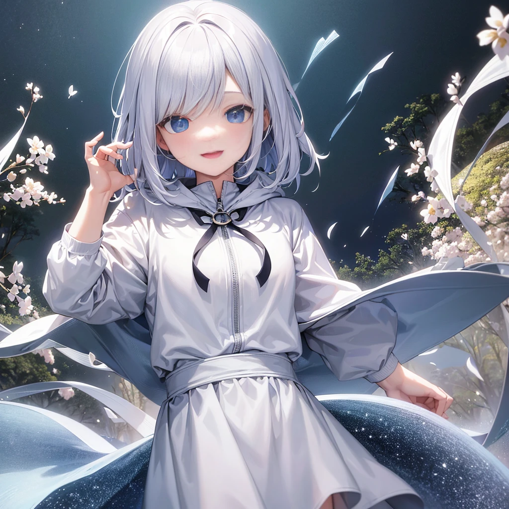 Ultra-high image quality,Look at viewers, hands behind back, girl with, 20 years old, Very short hair, long bangs between eyes, pale blue eyes, Hoodie, Skirt , Extremely detailed,(masterpiece、top-quality),White hair、A smile、Fantastical, Silver hair, Black eyes, Hoodie, White hoodie,a black skirt,Hair is short,White jacket, Casual style,Open jacket, Cowboy Shot、Fluttering hair、a small face、Bright smile、(Detailed face) ,profetional lighting,fantastic landscape,Blue sky, Sunlight,look down from above,portraitures、open open mouth、facing front、fountain in the forest、flower field、Upper body only、cherry blossoms falling