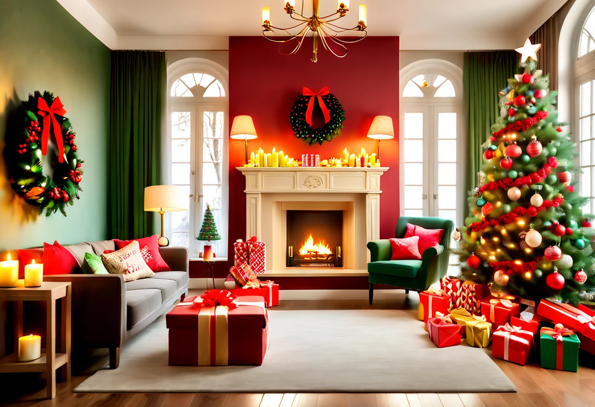 (Christmas interior design:1.8), ultra real photo， tmasterpiece， Best quality， ultra - detailed， 超高分辨率， RAW photos，(Christmas living room)，(Christmas luxury decoration)，A fusion of gorgeous Christmas elements and symmetry，(落地窗充满温暖的圣诞lamplight)，((Beautiful Christmas tableware is placed in the center，Sofa and seats made of red and green Christmas elements))，Mild color，(墙上挂着巨大的Christmas wreath)，(((Bright and colorful colors, RGB colors, super high saturation)))，(Christmas unique style)，((Wall decoration decorated with Christmas elements，The fireplace is warm、Lanterns hanging on the stairs、Gifts wrapped in colorful  under the Christmas tree、pile of gifts on the floor、wooden floor、Decorated pine tree、镶wooden floor、mantel、red and green、Christmas atmosphere、traditional christmaestive atmosphere、merry christmas、gift tag、Christmas wreath、decorations、metal ribbon、Christmas tree lights、Confectionery，Gingerbread Man，lamplight))，Complements the mirror wall，Broaden the sense of space。(Gorgeous ceiling design with Christmas elements，Christmas lights decoration filled with warm and soft light)。European Christmas style living room，ultra real photo，Extremely detailed CG Unity 8K wallpapers of the highest quality