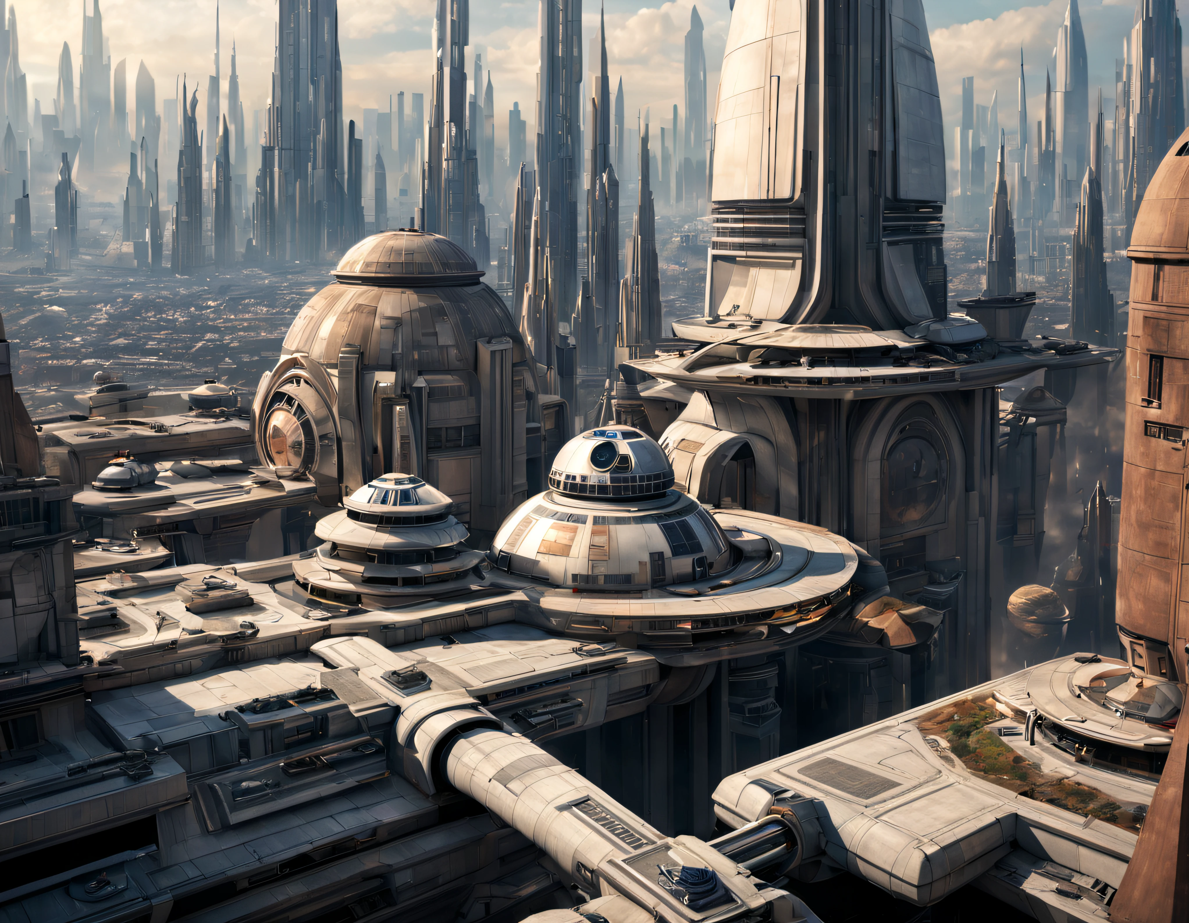 vista desde una terraza de la ciudad de coruscant de star wars, con sus inmensos edificios futuristas, (Design by Doug Chiang), intrincados detalles de la maquina de la mas alta calidad, estilo cinematografico, nitidez absoluta, imagen 8k.(obra maestra).