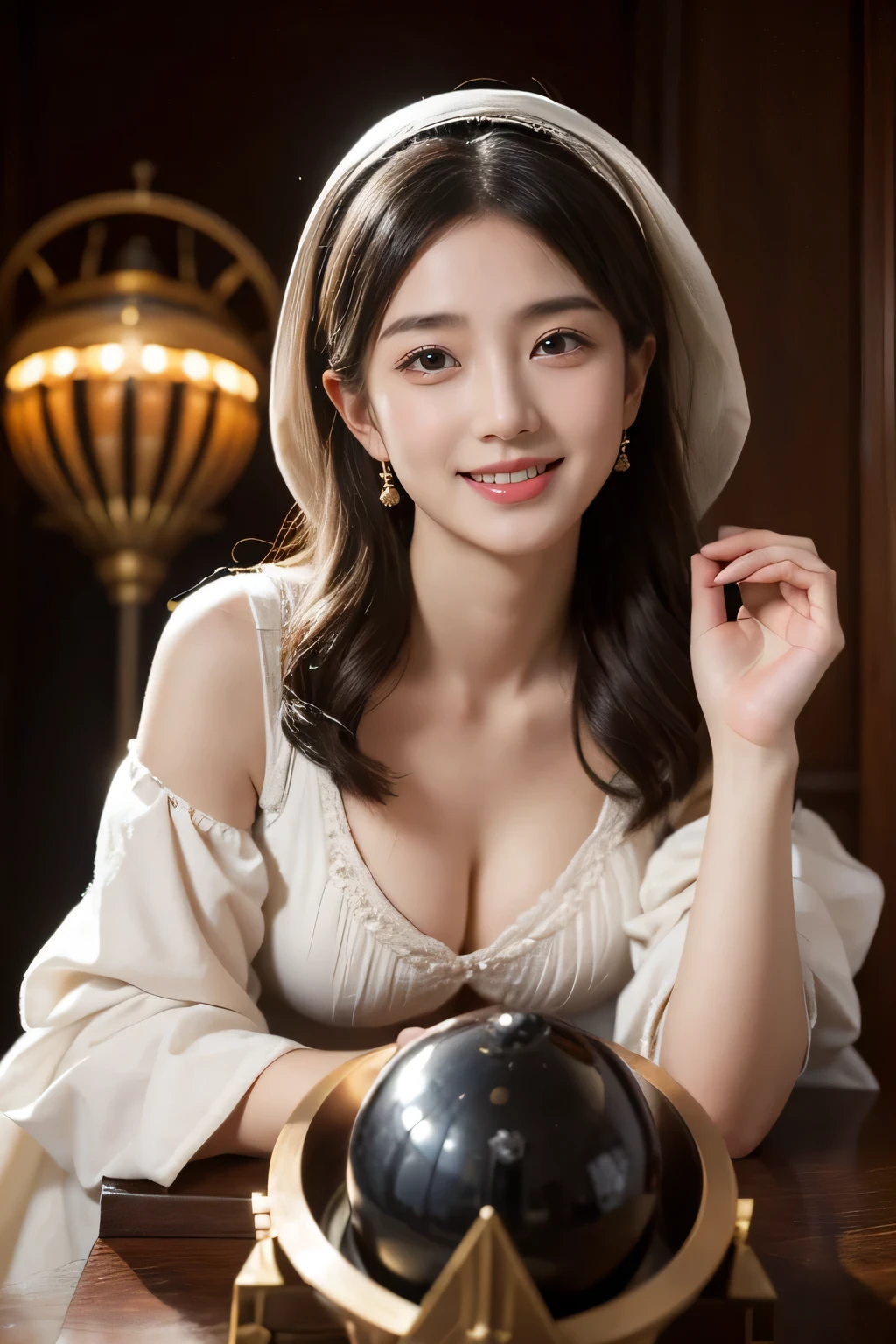 female mathematician,Ancient Greek costumes,Astronomical machinery,antique,A smile,,Sweet and seductive appearance.、Caravaggio's paintings、Chiaroscuro of Caravaggio,,Cute smile, Expression of ecstasy,erotick,A sexy