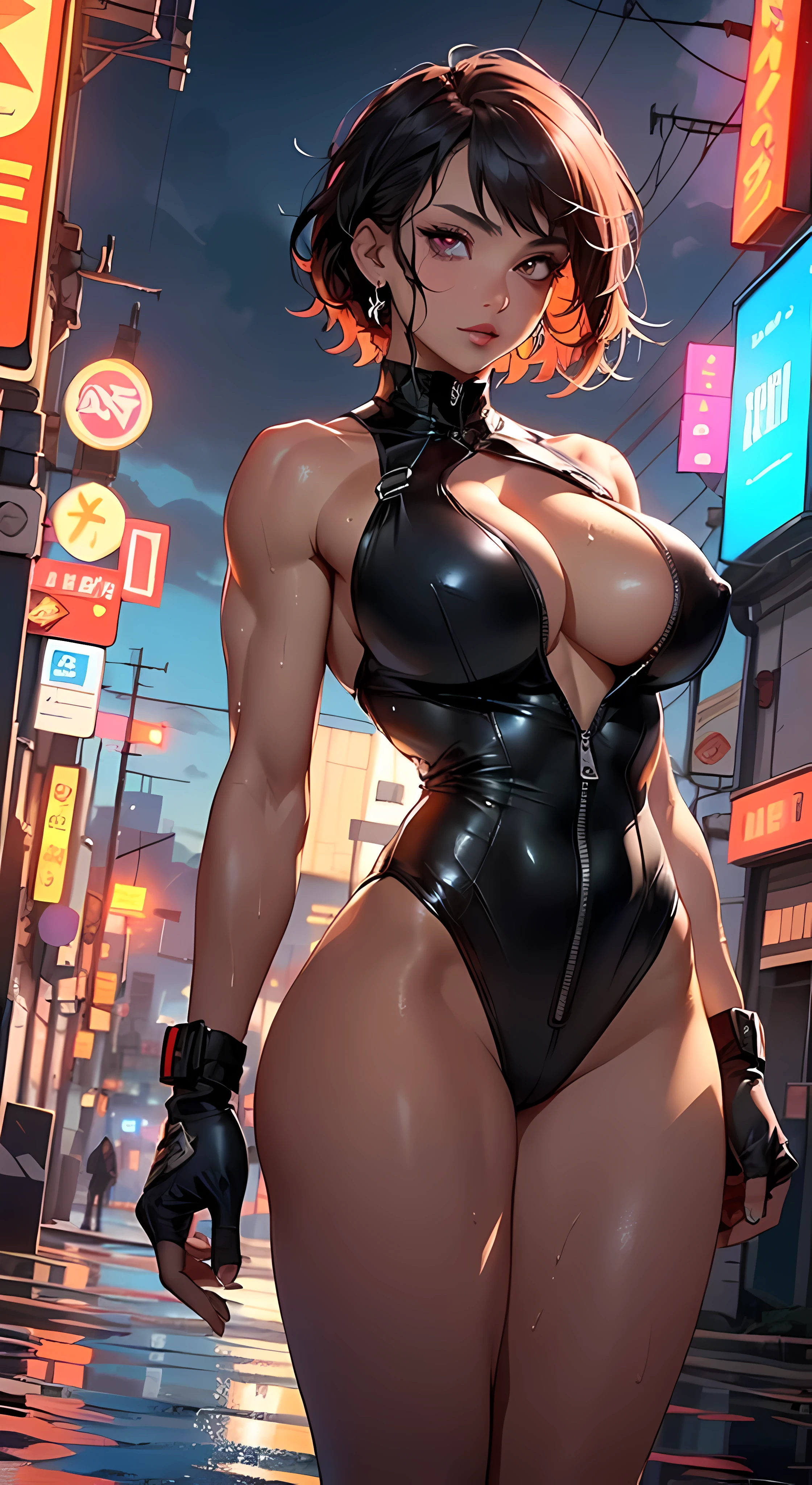 mechanical girl,(1girl: 1.3),((1 black girl with extremely cute and beautiful red hair)),((((black race)))),
(big breasts: 1.7),sagging breasts,(((short red hair: 1.35,cropped,redhead,very short hair))),((heterochromia:1.5, (orange_eye and red_eye))),intricate eyes,beautiful detailed eyes,symmetrical eyeat),((((tan,dark skin,black skin:1.35,dark-skinned_female,dark skin:1.3,ebony skin,lustrous skin:1.5,bright skin: 1.5,shiny skin,very shiny skin,shiny body,illuminated skin,wet legs)))),(spider lower abdomen,narrow waist,wide hip ,athletic body,inflated legs,delicate and detailed fingers,detailed body,(detailed face)),((muscle legs)),((muscular thighs)), ((bodybuilder girl)), ((((huge muscles)))),((ABS)),(huge stature,tall stature,very tall girl),
cute,slutty,,seductive look,seductive,erotic,((nsfw)),
(fitted overalls: 1.3,suit unbuttoned),(((mechanical tools on his clothing, cloth clothes))),(((huge cleavage))),((wet clothes,intricate outfit,intricate clothes)),
(dynamic pose:1.0),embarrassed,(centered,scale to fit dimensions,Rule of thirds),
cyberpunk city by the ocean at night, with bright neon signs and dark stormy clouds and puddles, scenery:1.25,
artistic photography,(photography taken by sldr),highres, sharp focus, (ultra detailed, extremely detailed), (photorealistic artwork:1.37),(extremely detailed CG unity 8k wallpaper),((synthwave background theme)),(((vibrant colors))),(intricate background),(masterpiece),(best quality),