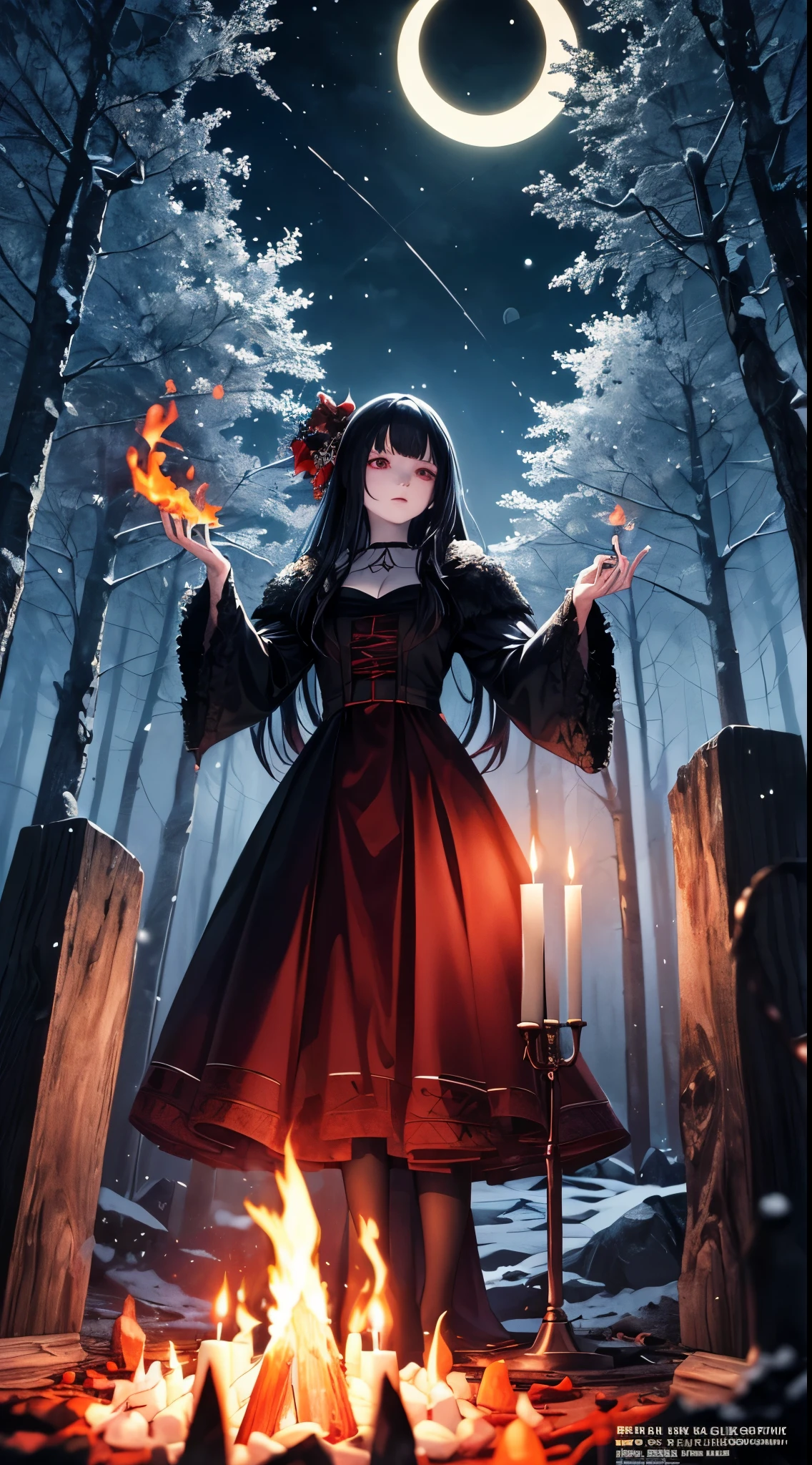 (official art, unity 8k wallpaper, ultra detailed, beautiful and aesthetic, High quality,  eerie, best lighting), night, in the woods, darkness, solo, (1girl) , pale skin, black hair, scarlet dress, officiating an occult ritual, Candlelight, winter solstice, crescent gibbous moon, a bonfire