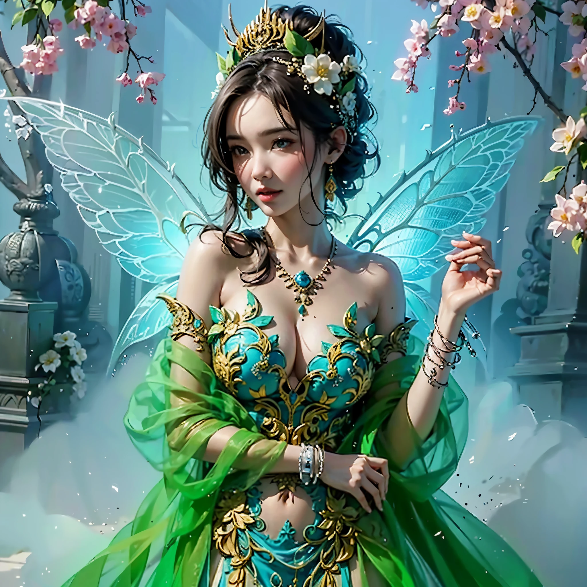 a fairy with gigantic breast in a green outfit posing in a garden, wearing an ornate outfit, wearing ornate clothing, wearing ornate silk clothes, inspired by Rudy Siswanto, traditional beauty, ornate attire, intricate silk clothing, ornate clothing, beautiful oriental woman, ao dai, beautiful costume, by Basuki Abdullah, beautiful digital artwork, portrait shot, intricate outfit, masterpiece, best quality:1.2),,(8k,highres,RAW photo,realistic,photo-realistic:1.3),(detailed skin texture,detailed cloth texture,beautiful detailed face:1.25),professional lighting,photon mapping,beautiful soft light,radiosity,physically-based rendering,raytracing, model shoot style, model shoot style, (extremely detailed CG unity 8k wallpaper), full shot body photo of the most beautiful artwork in the world,