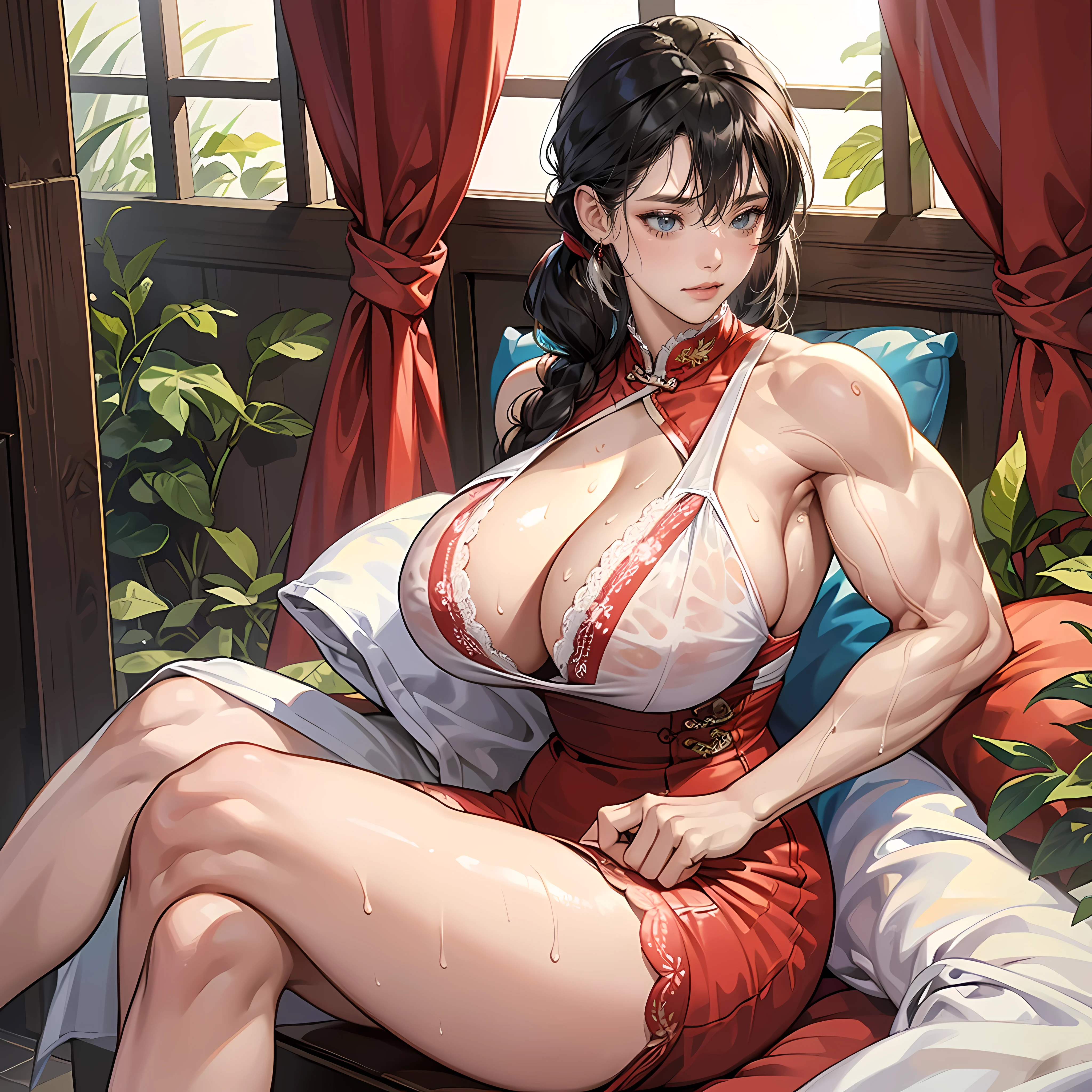 Three people,(Masterpiece:1.2, Best quality), Realistic, (Real picture, Intricate details, Depth of field), (1girll, Solo), make up, parted lip, highly detailed, Perfect face, (Huge breasts:1.4), (skin indentation), Thick thighs, Wide hips, Small waist, Tall, glossy coral lips, hair straight,Delicate and beautiful hairstyle,red color eyes, pony tails, (Girl playing beach volleyball, white volleyball suit), (full of sweat:1.2), (Wet), Sexy, Blushing, (gigantic cleavage breasts:3.0),(see-through shirts:1.2),(open shirts),无袖,Breasts, Solo, Black hair, upper legs, pony tails,Long hair, cleavage, view the viewer, Realistic, gigantic cleavage breasts, Lips, parted lip, sofe, cropped shoulders, Sitting, bangs, Black eyes, lace-trimmed legwear, Curtains,pony tails,ssmile,(full of sweat:1.2), (Wet), Sexy, Blushing, (gigantic cleavage breasts:2.0),(see-through shirts:1.2),(open shirts),Colorful lace-trimmed lingerie,Chinese style underwear,Transparent cheongsam,Cocked buttocks, ((((huge muscles))))