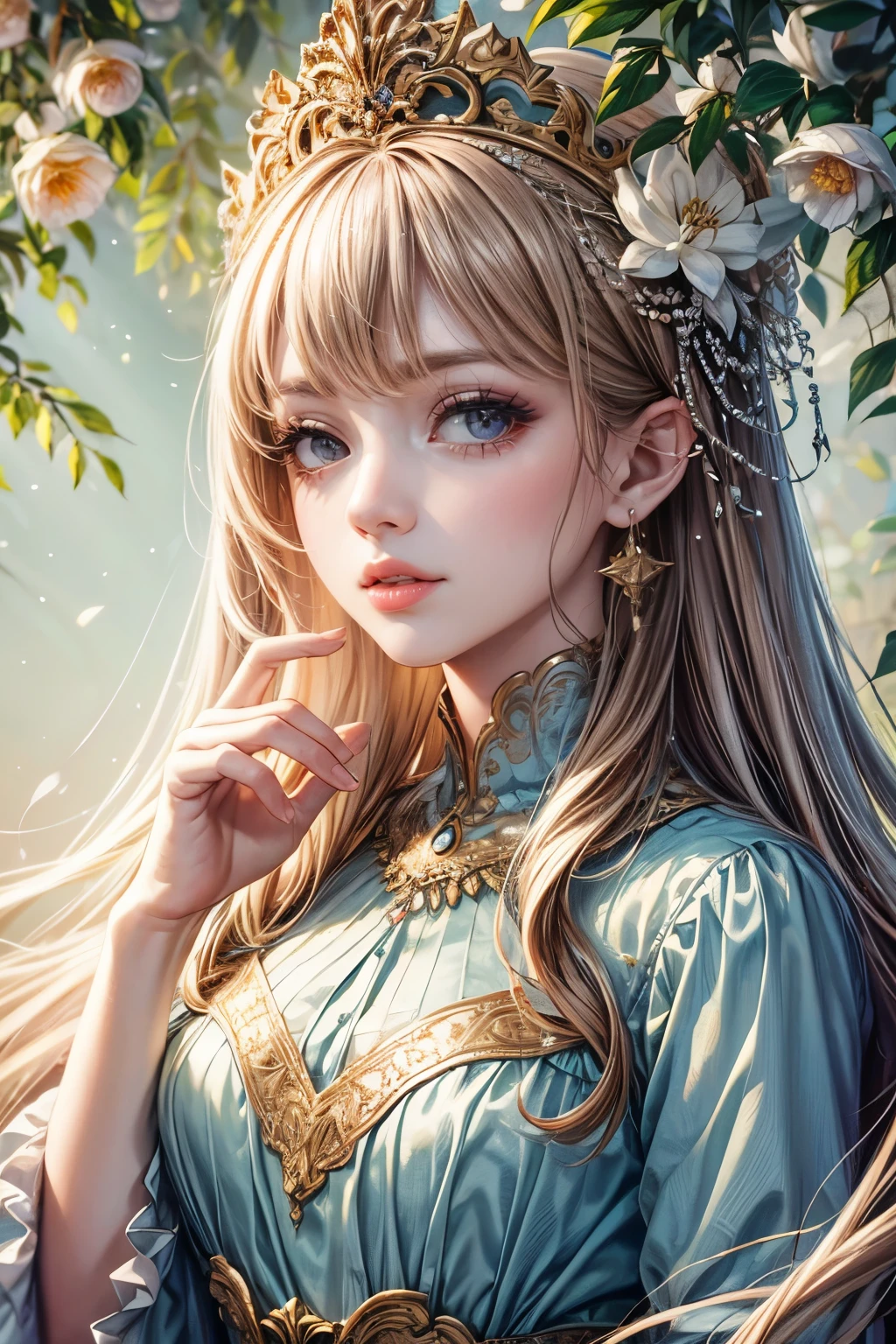 (best quality,8K,CG),detailed upper body,solitary girl,floral forest background,complex facial features,elegant long curly hair,almond-shaped big eyes,detailed eye makeup,long eyelashes,twinkling stars,exquisite lip details,soft and harmonious style.