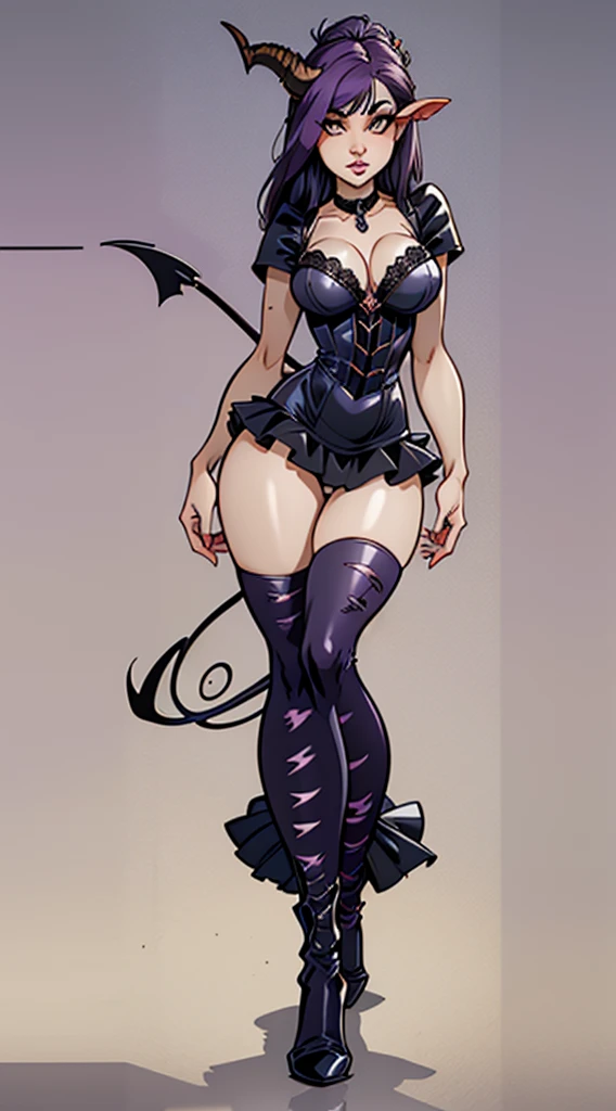 Demon, Woman, Adult, y body, who has some scar, with very large breith purple hair, with white skin tone, with bustier clothing, with black clothing, with clothing that shows the abdomen , that it has an open neckline, that the clothing is tight, with firm thighs, with a demon's tail, with two horns on the head, that the horns are like those of a goat, with sharp nails, that it is standing, that the full body can be seen Good lighting, details in the eyes, white eyes, prominent breasts, gera angle.