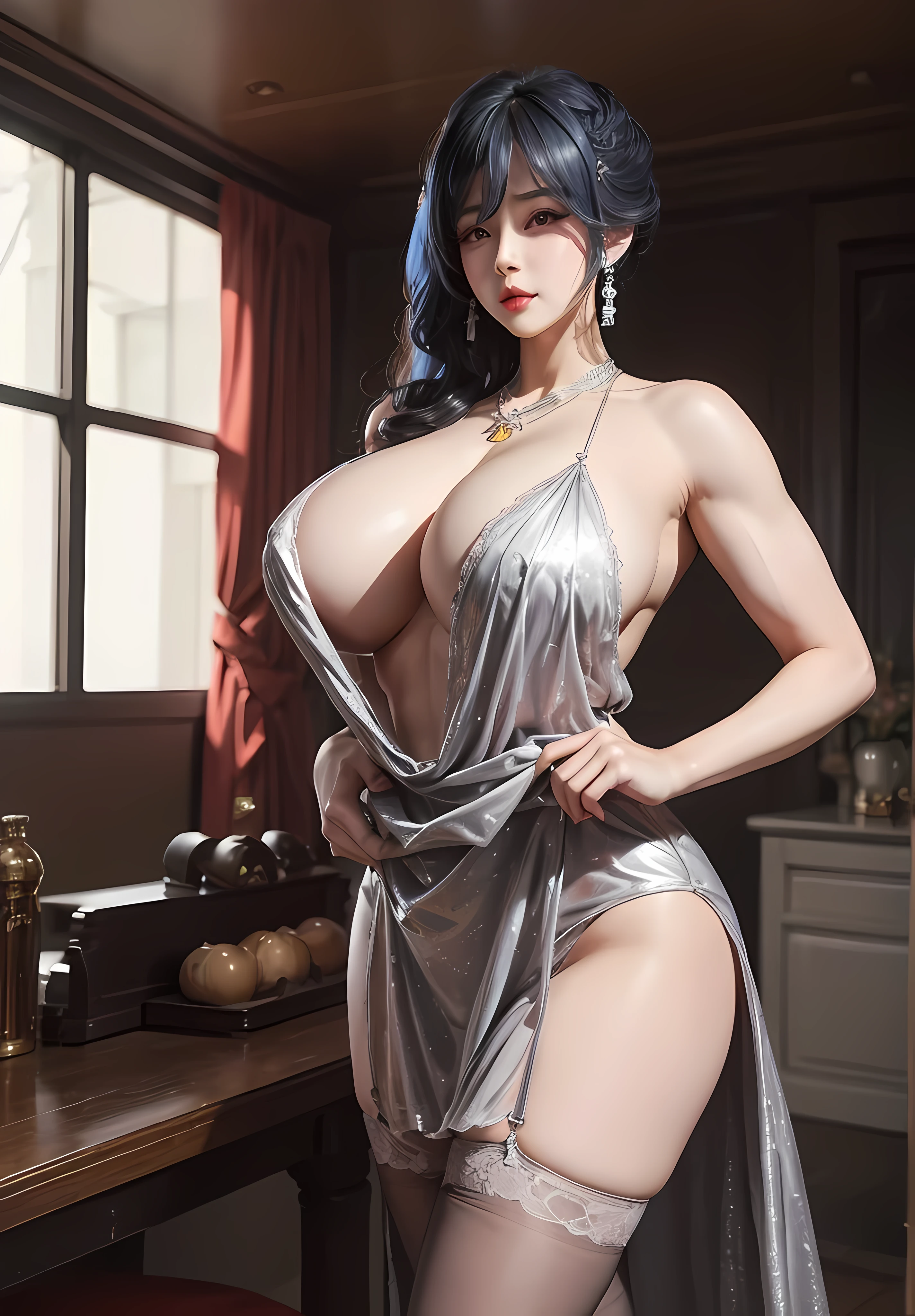 delicated face,Korean makeup,gigantic cleavage breasts,cleavage,Sheer tulle sheer dreslack lace stockings,Suspender stockings。(((huge muscles)))
