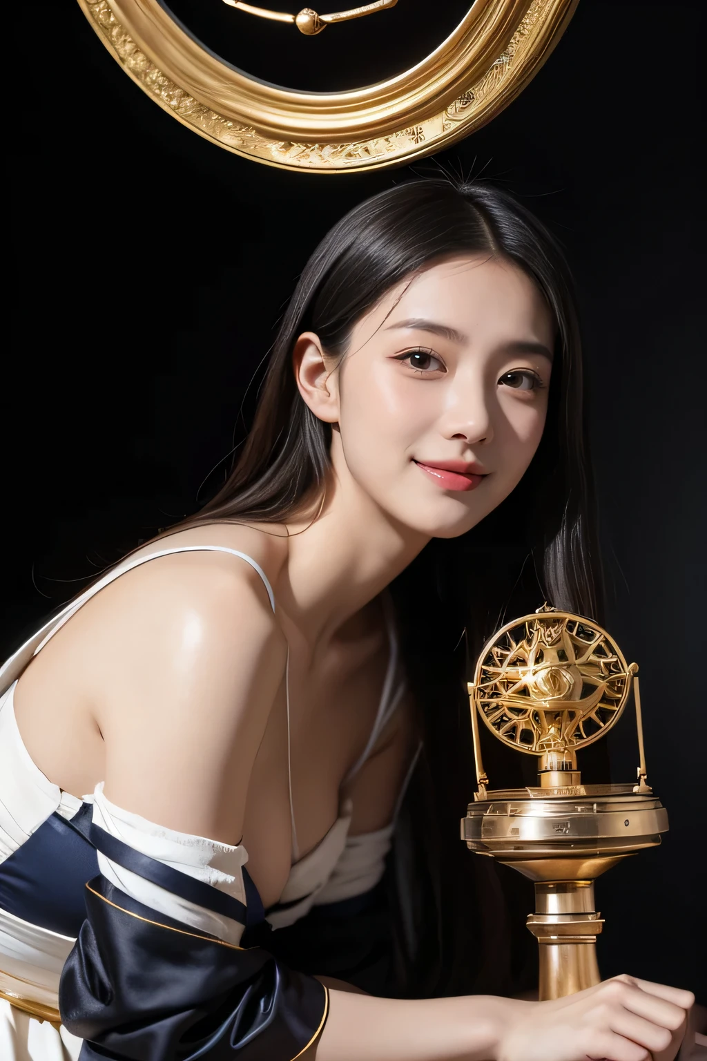female mathematician,Ancient Greek costumes,Astronomical machinery,antique,A smile,,Sweet and seductive appearance.、Caravaggio's paintings、Chiaroscuro of Caravaggio,,Cute smile, Expression of ecstasy,erotick,A sexy