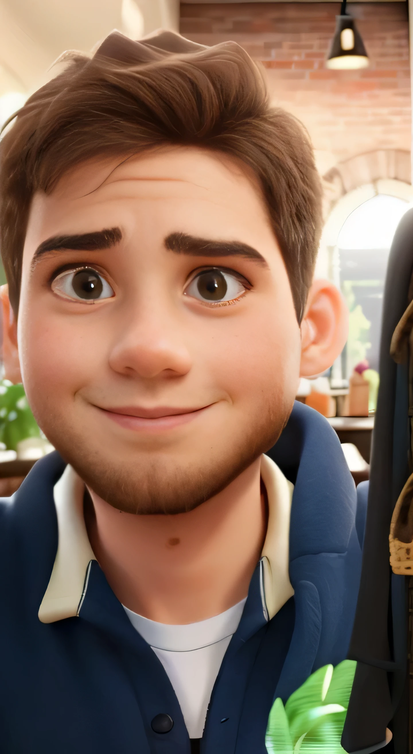 um menino, olhos castanhos claros, em um restaurante