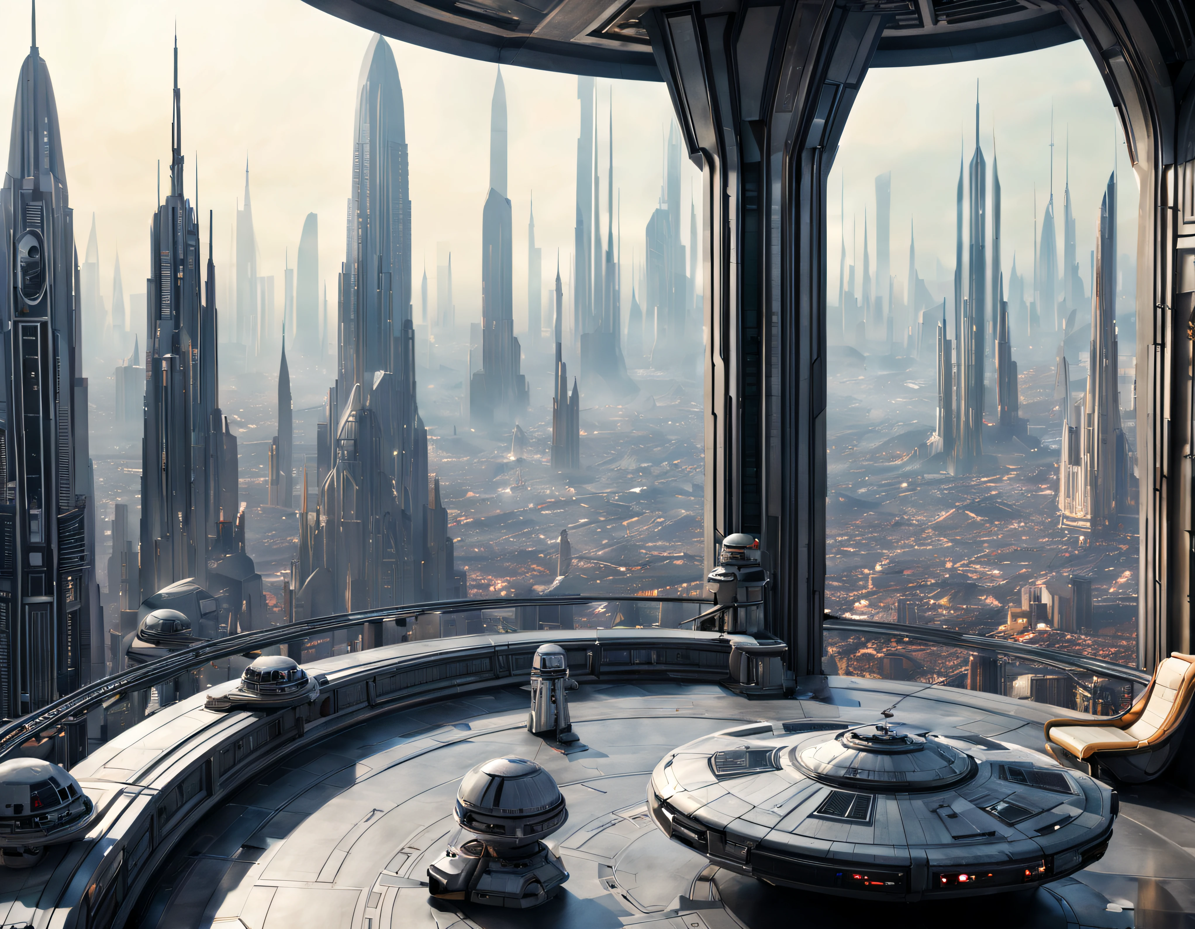 vista desde una terraza de la ciudad de coruscant de star wars, con sus inmensos edificios futuristas, (Design by Doug Chiang), intrincados detalles de la maquina de la mas alta calidad, estilo cinematografico, nitidez absoluta, imagen 8k.(obra maestra).