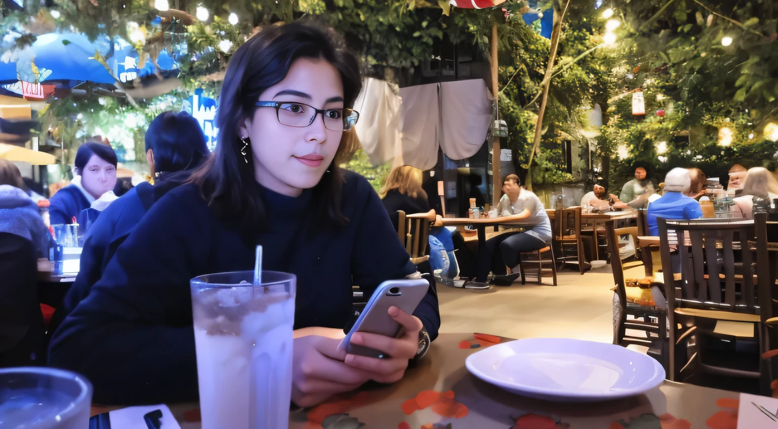 Woman sitting at a table with a cell phone in her hand, standing in a restaurant, verificando seu telefone, peixes no fundo, candid shot, looking distracted and awkward, ter um jantar constrangedor, verificando o celular dela, looking distracted, vacation photo, tiro por cima do ombro, sitting at a café, taken in the late 2010s, sitting on table