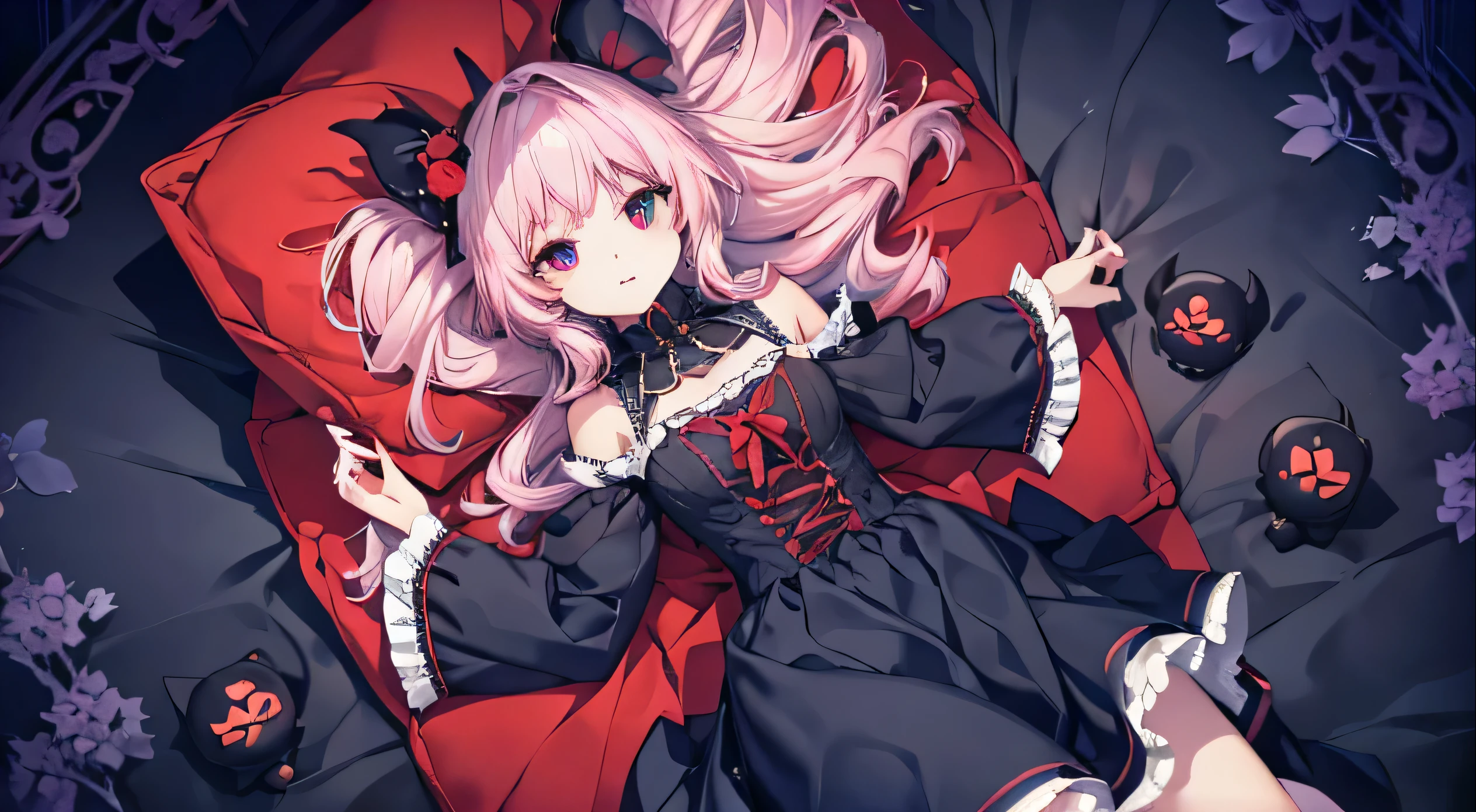 full background mattress, from top view, cute doll, vampire, cute vampire, dark blue, red, purple, pink