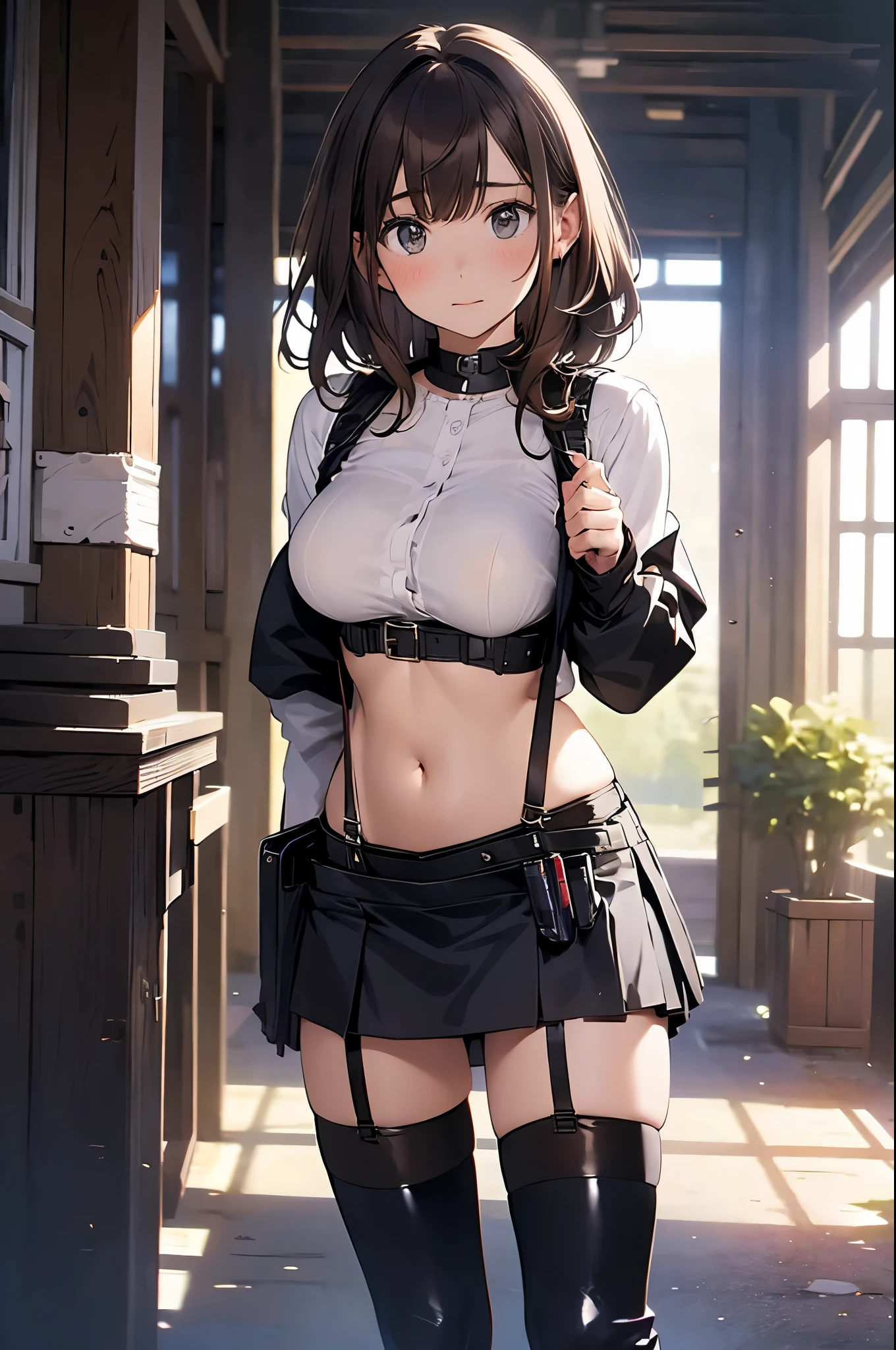 Brown hair、watching at viewers　　　black suspenders　　　Bulging big breasts　　 　 　　　walls: 　Black miniskirt　garters　　　　　　Gaze　　　Small face　bangss 　　　holster　　　Beautuful Women　　hands up　　レッグholster ベッドに横たわる　　Gaze 　black boots panty shot　provocation　flank　flank汗　soio 　arm