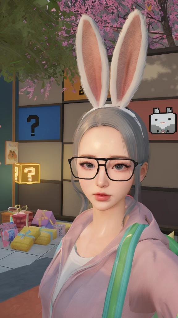 there is a woman with bunny ears and glasses standing in front of a store, kawaii realistic portrait, wearing cybernetic bunny ears, with bunny ears, second life avatar, ultrarealistic sweet bunny girl, realistic anime 3 d style, with big rabbit ears, close up character, render of april, vrchat, bunny girl, rabbt_character, lofi portrait