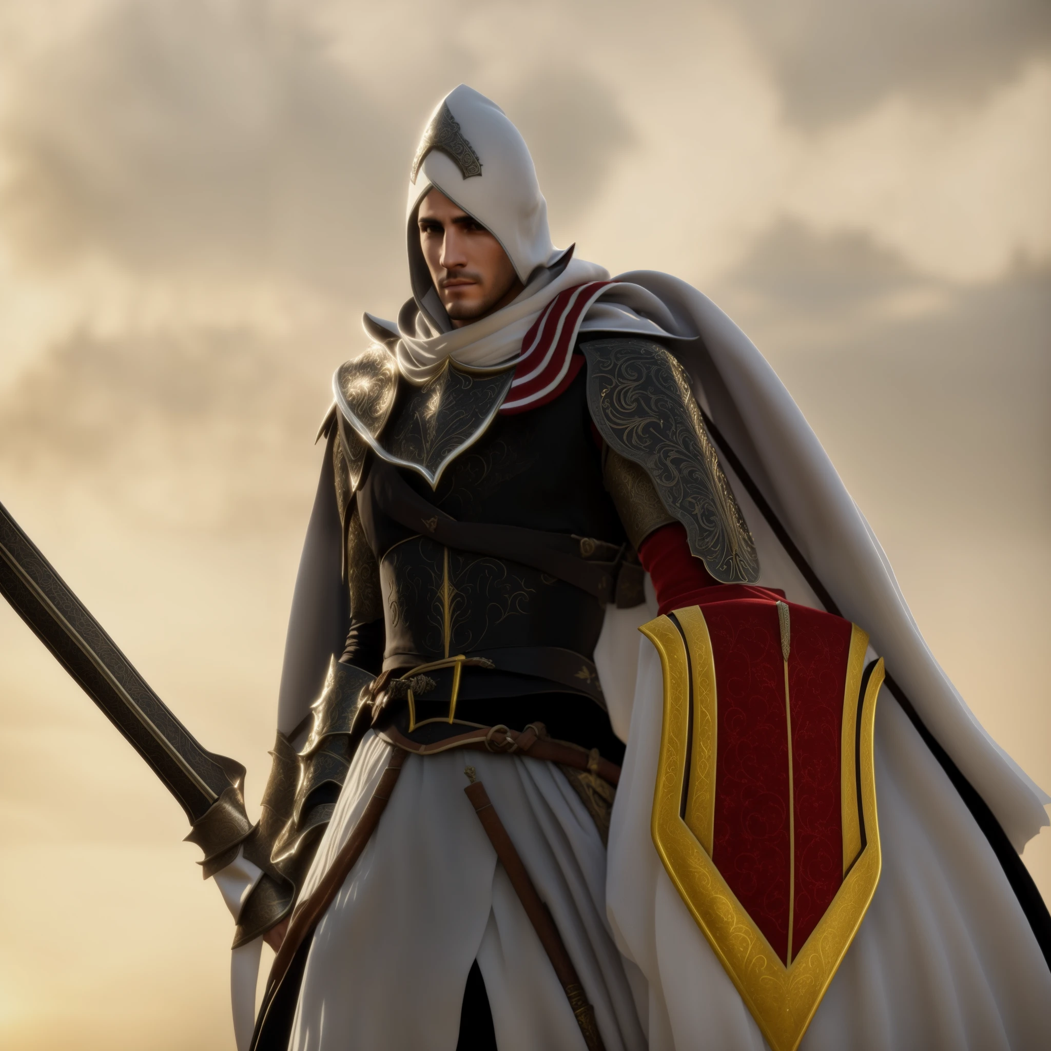 imagem de um homem vestido com armadura segurando uma espada, Detailed armor with white scarf, thancred waters, Arsen Lupin como um paladino, picture of a male cleric, thancred waters in style of wlop, Retrato de Thancred, usando armadura pesada com capa, Paladino masculino, armadura branca detalhada, cleric, Roupa de Cavaleiro Confiante