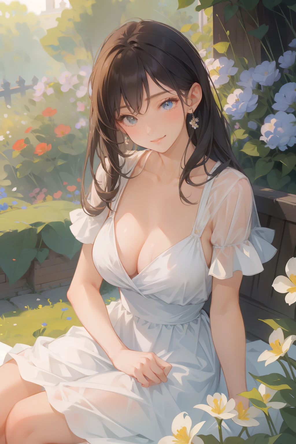 (masterpiece), (best quality), sharp focus, line, 1girl, 20 years old, sexy, deep V dress, sitting, in the garden, spring, flowers, happy, smile