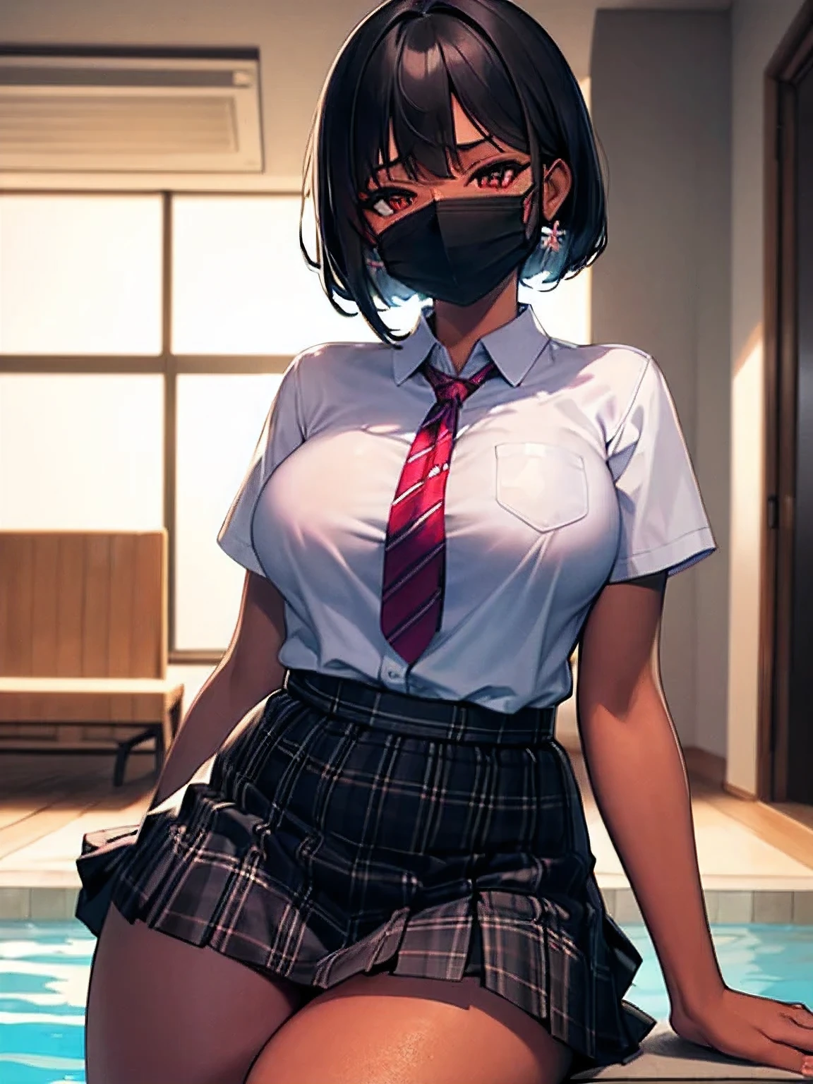 (masutepiece,Best Quality:1.4),superfine illustration, Solo, house wife, (Dark skin:1.3), (chubby), (medium breasts:1.2), pointy ear, Mouth mask, loose necktie, sox, School uniform, plaid skirts, Shirt, lowfers, surgical mask, Pool at night,