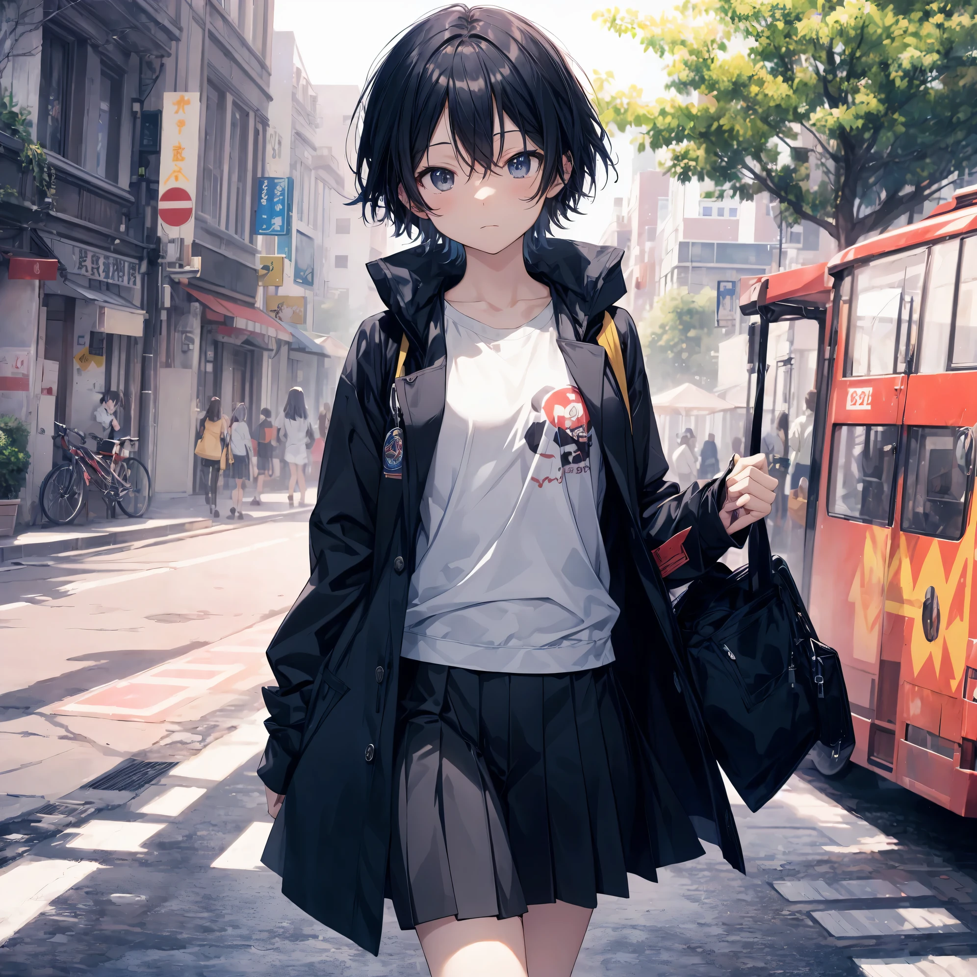 Super high quality by the art god, Ultra-detailed, High resolution, anime moe art style, best anime 8K konachan wallpaper, Pixiv Contest Winner, Perfect Anatomy, BREAK,(Draw a girl sleepily walking to school. ),BREAK, 1girl in, (Solo,Lori,child,13years:1.3),Full limbs, complete fingers,a junior high school student, Androgynous attraction, (Very short hair), Sleeping hair, hair messy, flat chest, Small butt, groin, Small eyes,Beautiful detailed black eyes, Well-proportioned iris and pupils, disgusted eye, High resolution detailed hair, School uniform, Skirt, On the way to school. BREAK,Ultra-detailed細なスキン, Best lighting by famous artists, 8K, Illustration,