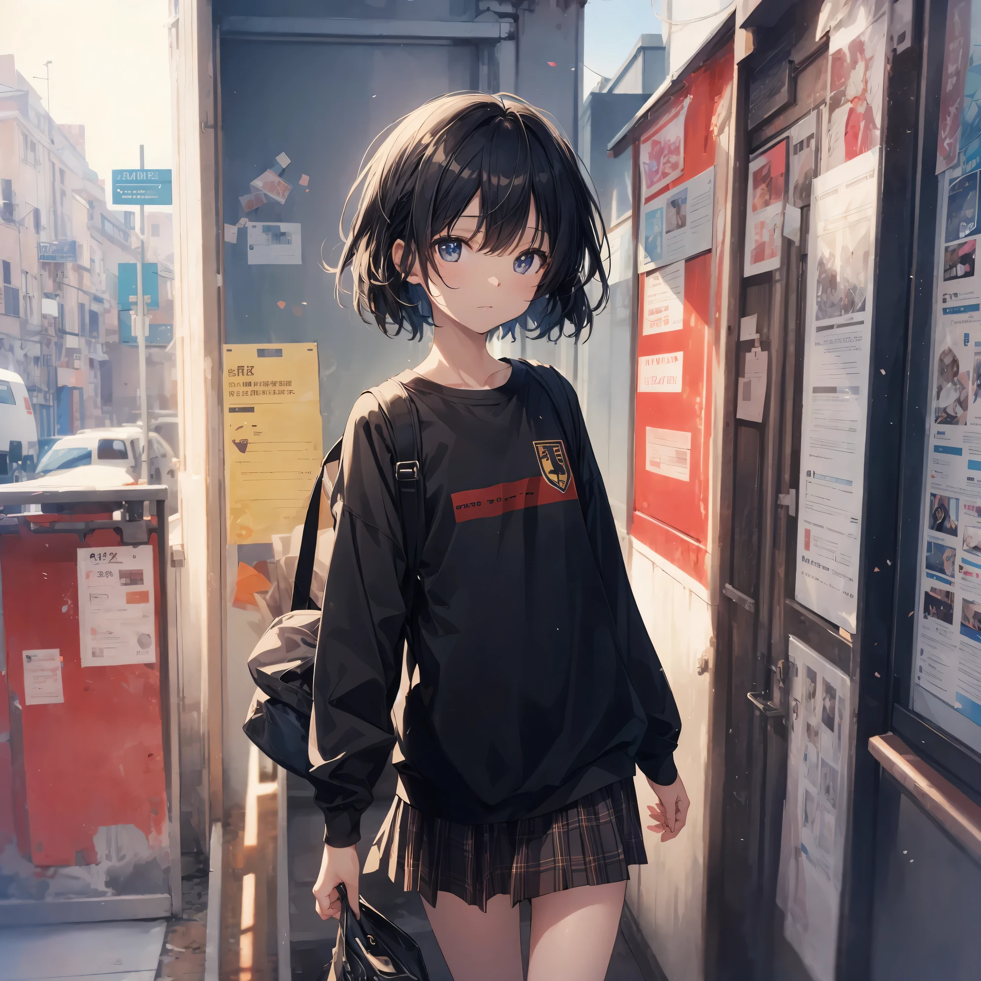 Super high quality by the art god, Ultra-detailed, High resolution, anime moe art style, best anime 8K konachan wallpaper, Pixiv Contest Winner, Perfect ???????, BREAK,(Draw a girl sleepily walking to school. ),BREAK, 1girl in, (Solo,Lori,child,13years:1.3),Full limbs, complete fingers,a junior high school student, Androgynous attraction, (Very short hair), Sleeping hair, hair messy, flat chest, Small butt, groin, Small eyes,Beautiful detailed black eyes, Well-proportioned iris and pupils, disgusted eye,  High resolution detailed hair, School uniform, Skirt, On the way to school. BREAK,Ultra-detailed細なスキン, Best lighting by famous artists, 8K, Illustration,