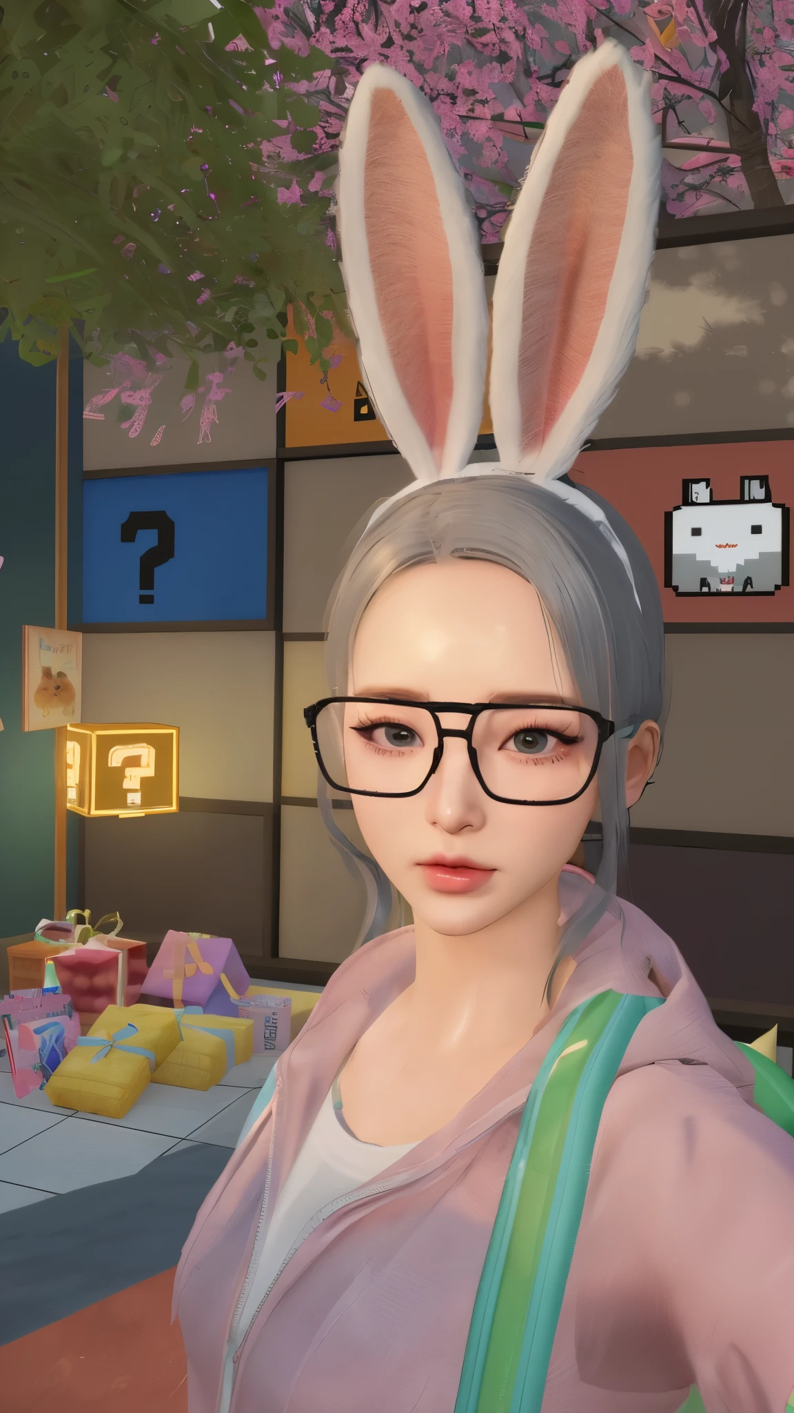 there is a woman with bunny ears and glasses standing in front of a store, kawaii realistic portrait, wearing cybernetic bunny ears, with bunny ears, second life avatar, ultrarealistic sweet bunny girl, realistic anime 3 d style, with big rabbit ears, close up character, render of april, vrchat, bunny girl, rabbt_character, lofi portrait