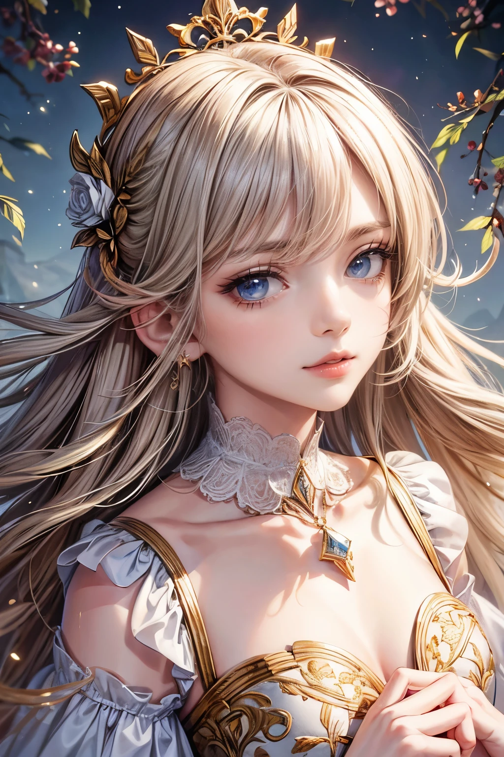 (best quality,8K,CG),detailed upper body,solitary girl,floral forest background,complex facial features,elegant long curly hair,almond-shaped big eyes,detailed eye makeup,long eyelashes,twinkling stars,exquisite lip details,soft and harmonious style.