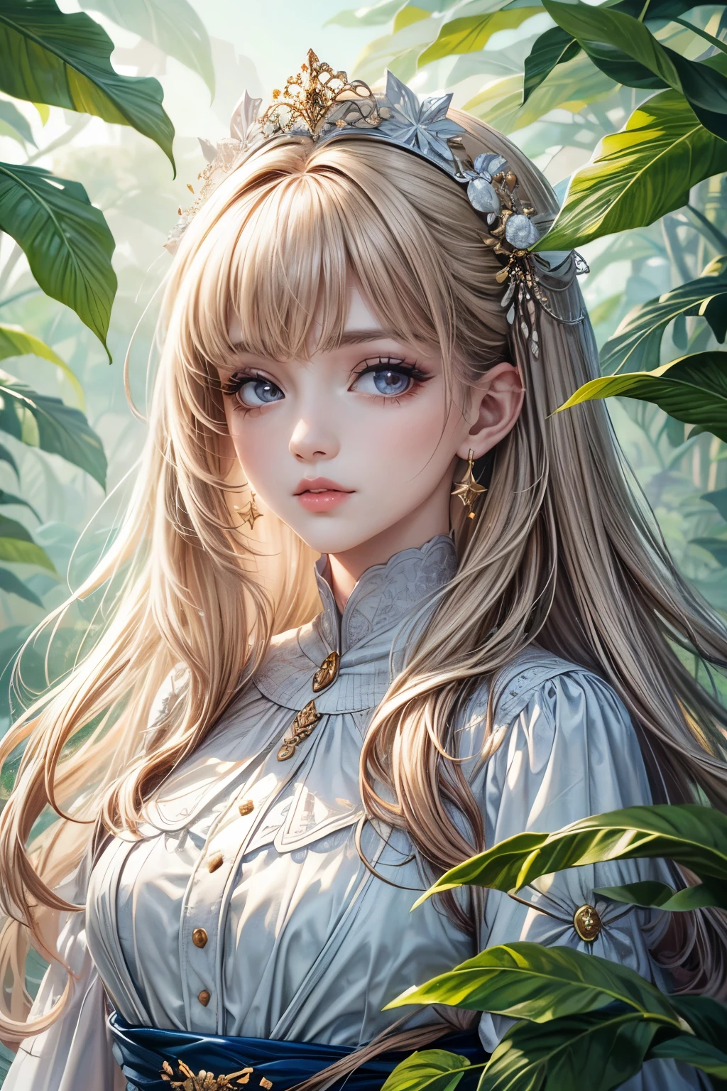 (best quality,8K,CG),detailed upper body,solitary girl,floral forest background,complex facial features,elegant long curly hair,almond-shaped big eyes,detailed eye makeup,long eyelashes,twinkling stars,exquisite lip details,soft and harmonious style.