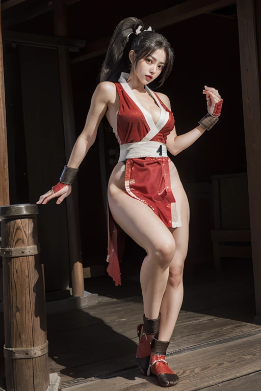 (mai shiranui:1.6), (tabi:2.0), (toe:1.2), (Full body portrait:2.0), Full body, (Realism), (masutepiece:2.0), (Best Quality), (ultra-detailliert), (8K, 4K, Convoluted), (Flat Lighting:1.2), (skinny), Prestige, Brown eyes, Long hair, brown eyes, long hair, brown hair, white ribbon, sleeveless, ponytail, sash, pelvic curtain, arm guards, gloves, tabi, fascinated expression, Sexy eyes, slim, medium breasts, Smile, Cute, view the viewer, Long hair, Close to Japan temple, (breasts focus:1.2), (Realistic:1.2), (Full Shot: 1.2), (85 mm), light Particle, Lighting, (Highly detailed:1.2), (Detailed face:1.2), (gradients), SFV, Colorful, (Detailed eyes:1.2), (Detailed temples of Japan: 1.2),(Detailed background), (Dynamic Angle:1.2), (Dynamic Pose:1.2), (Line of action:1.2), Wide Shot, Daylight, Solo.