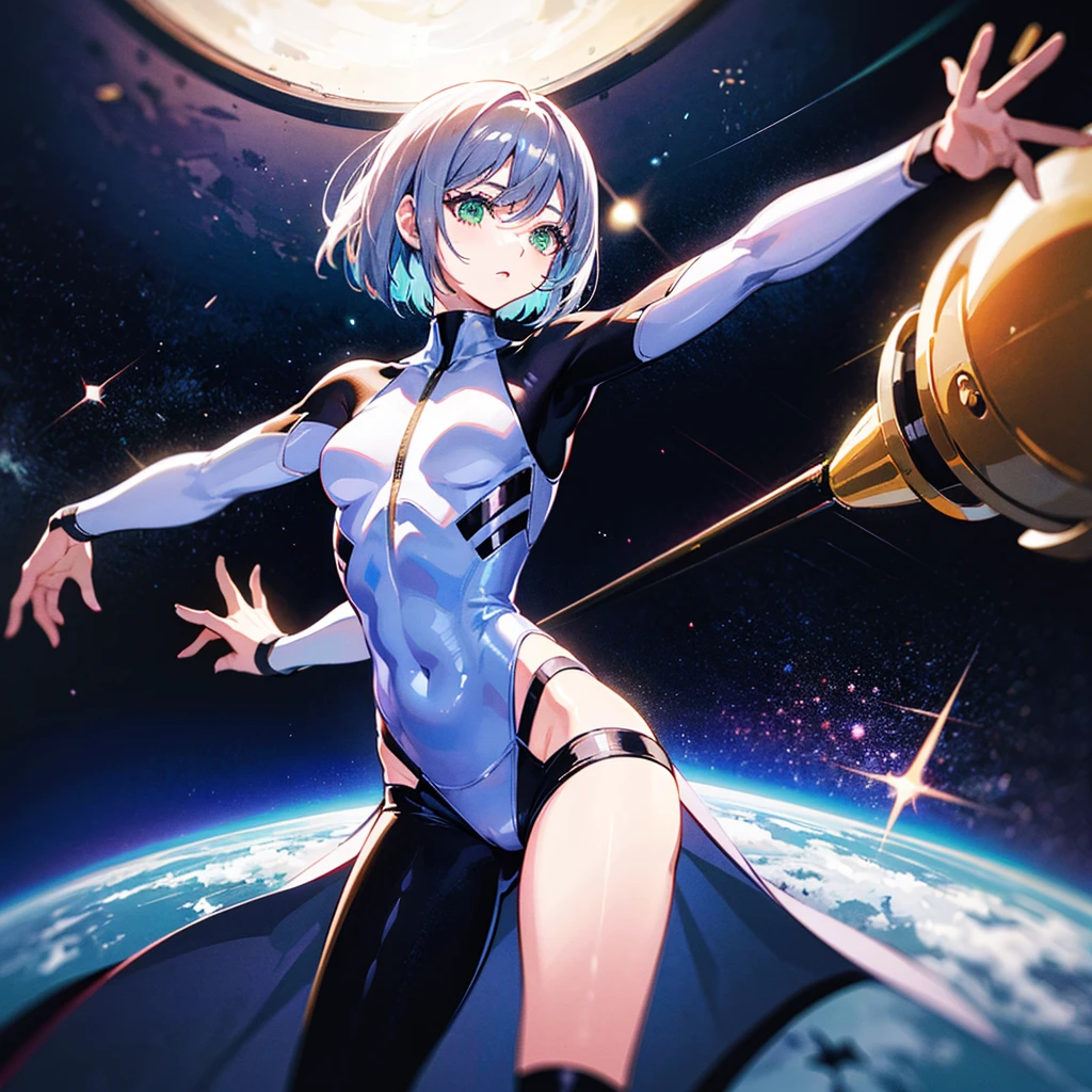 1girl, beautiful detailed eyes, superhero, mature woman, white hair, bob hair, short hair, green eyes, beautiful detailed eyes, leotard, black leotard, bare legs, boots, gloves, atoms, glowing body, light surrounding her body, light particles, space backdrop, standing, hand on hip, perfect anatomy, perfect hands, cowboy shot, (full body shot), superpower, solo, single.