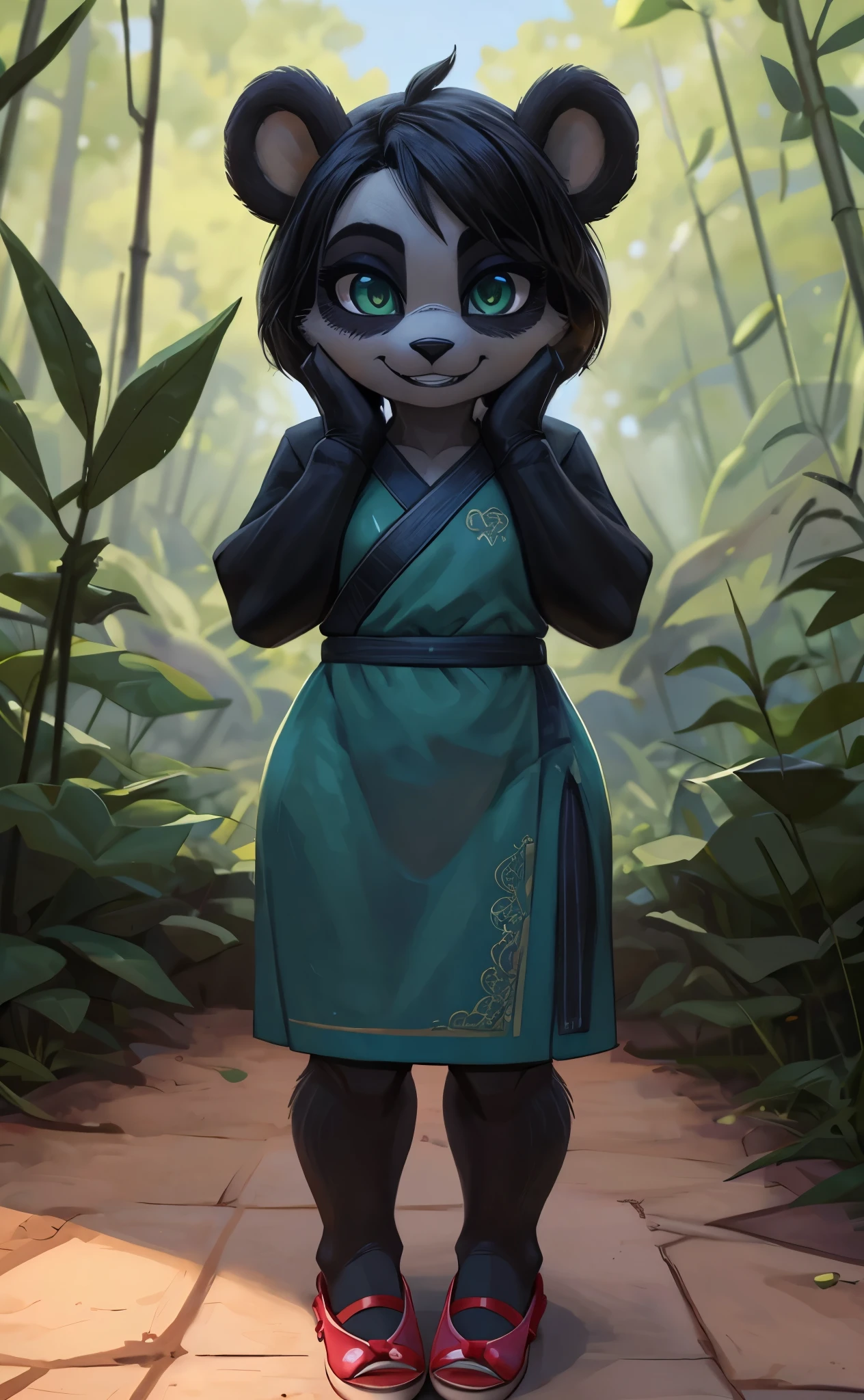 [Yaya Panda], [Uploaded to e621.net; (Pixelsketcher), (wamudraws)], ((masterpiece)), ((HD)), ((solo portrait)), ((full body)), ((front view)), ((feet visible)), ((furry; anthro)), ((detailed fur)), ((detailed shading)), ((beautiful render art)), ((intricate details)), {anthro panda; (black fur), (white fur), black nose, (cute green eyes), (short eyelashes), black hair, long braids, (curvy hips), (beautiful legs), (cute grin)}, {(green chinese dress), (red ballet flats)}, {(standing), (hands on face), (looking at viewer)}, [background; (bamboo forest), (beaten pathway), (blue sky), (cloudy)]