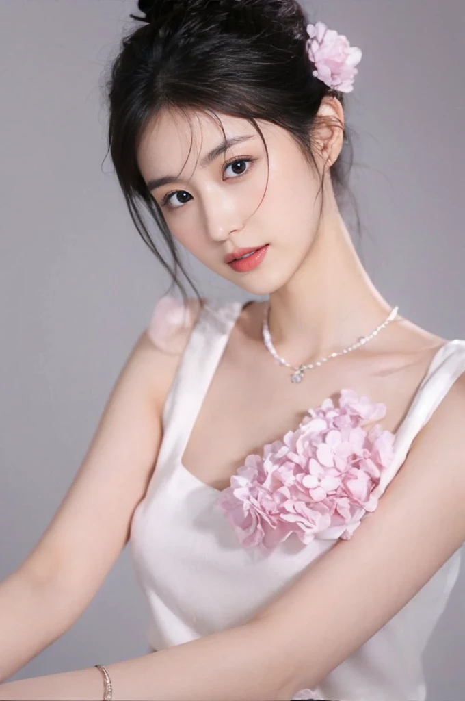 (On a table, Best quality, realistically, ultra - detailed, meticuloso, A high resolution, 8k wallpaper), Close-up portrait of a beautiful woman, Chariada, Smiling, light brown messy hair, Perfect dynamic composition, 美丽meticuloso的眼睛, Just like the cover of a fashion magazine, On campus