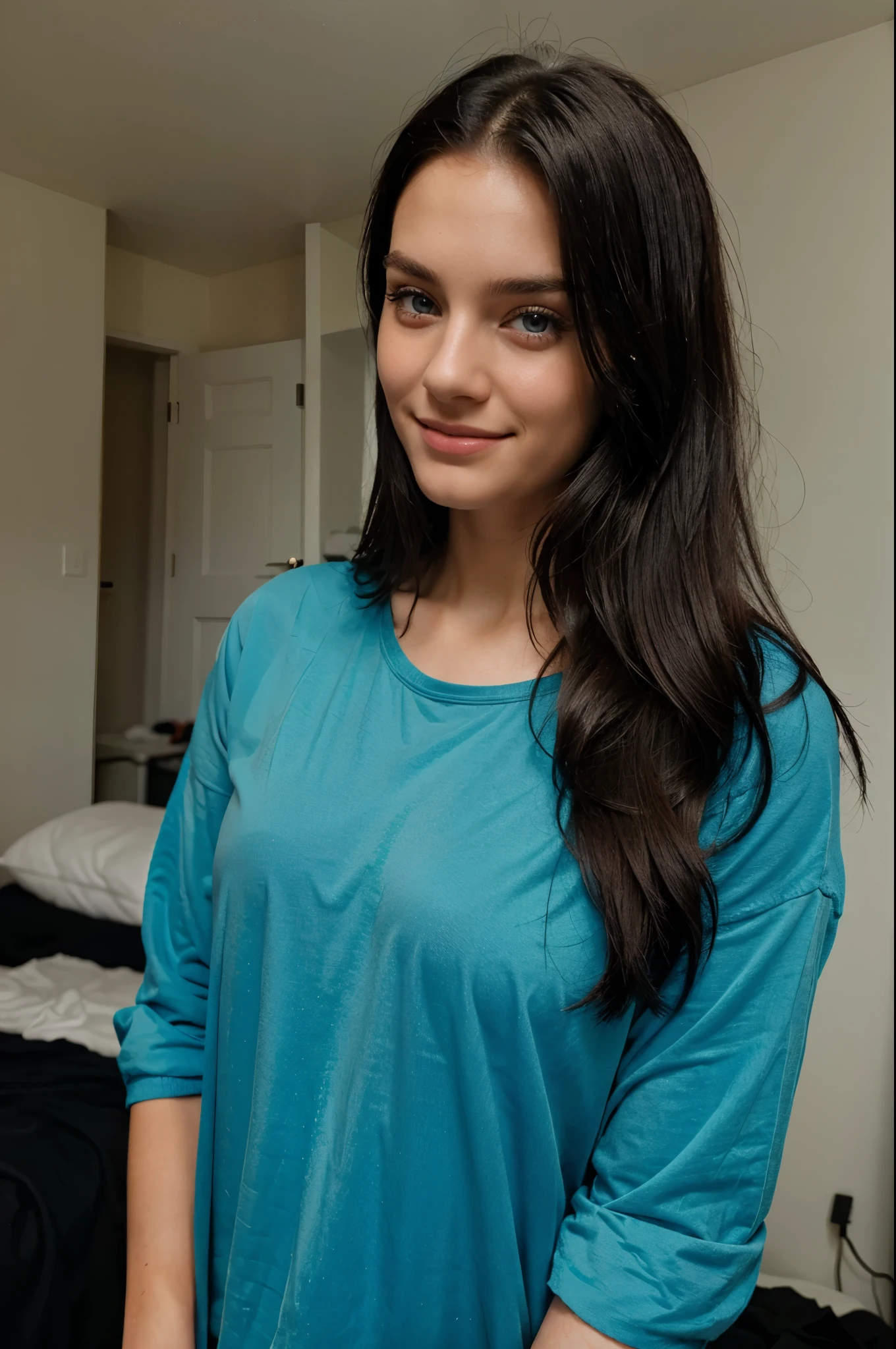 19 year old beautiful model, wearing casual outfit, posing in her room, black hairs, blue eyes, happy face, realistic photography