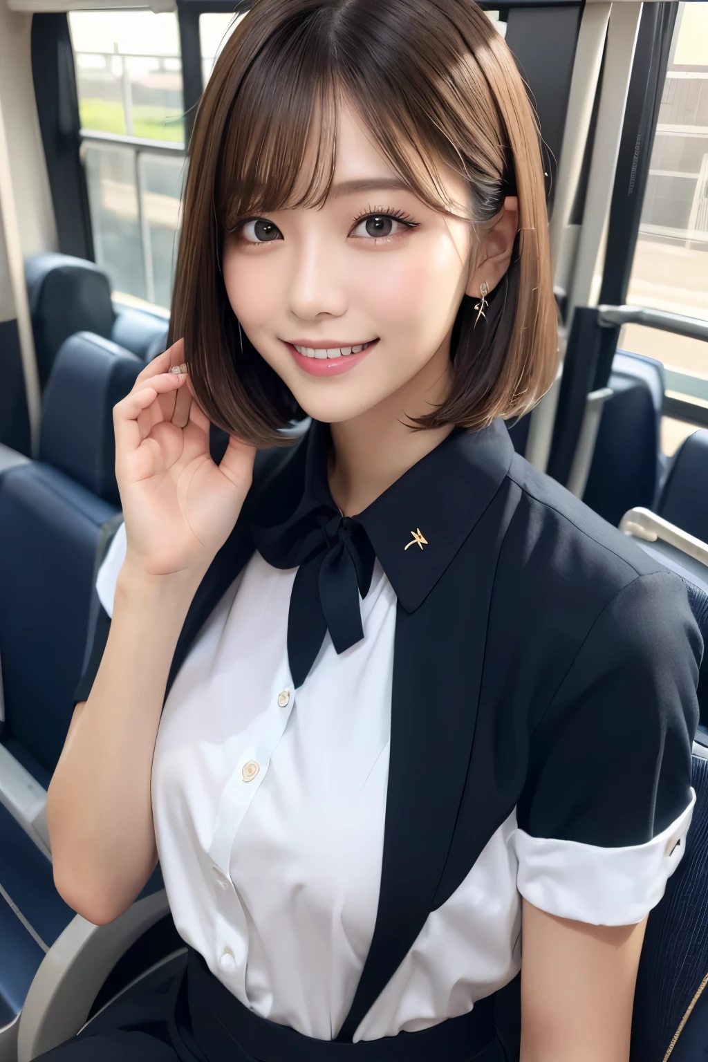 (masutepiece:1.3), High resolution, ultra-detailliert, the Extremely Detailed CG Unity 8K Wallpapers, Realistic, photo-Realistic, Raw photo, beautifull detailed face, pale skin, Realistic skin, Detailed Cloth Texture, detailed hair texture, perfectly proportions, Beautiful face, 准确, Anatomically correct, Highly detailed face and skin texture, Natural neck length, (beautiful hand air skin:1.2), thin legs, Thin feet, Sexy thighs, 
BREAK, 
Detailed eyes, Symmetrical eyes, Light brown eyes, Double eyelids, Thin eyebrows, (Glossy lips:1.4), (Goddess smile:1.2), 
BREAK, 
(Classy and cute girl:1.3), (Wearing the elegant flight attendant uniform of Japan Airlines:1.2), 
(medium large breasts), (Slender figure:1.2), 
(dark brown hair, Wavy Hair), ((Short hair, asymmetrical bangs:1.2)), (upperbody shot:1.2), (Looking at Viewer:1.2), From Side, 
BREAK, 
((Walk through the wide aisles of Private First Class in a guiding pose:1.2)), (On the bus: 1.2),bus guide