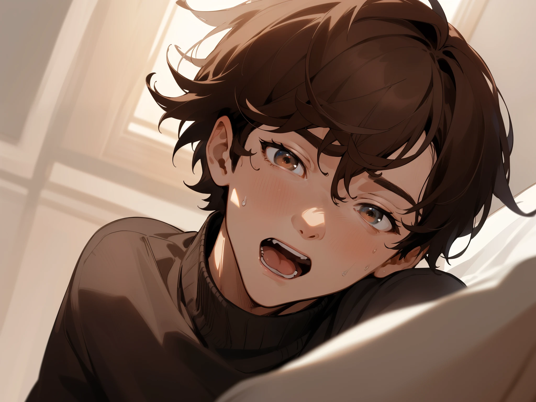 (Dynamic Angle,absurderes、hight resolution、ultra-detailliert),upper body, close up,ムラムラ,Sweaty,1 male,a handsome、opened mouth,Black sweater,extra very short hair、Brown hair、eyes are brown,Background Hotel,a bed,a handsome、Angle from below,Push your audience down