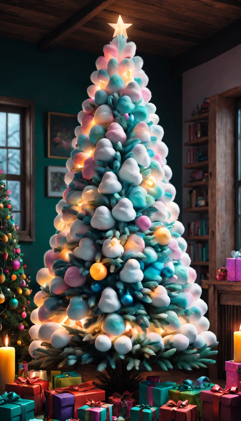 Fluffy Marshmallow Christmas Tree,(La mejor calidad en el mejor de los casos,4k,8k,A high resolution,tmasterpiece:1.2),Ultra - detallado,(actual,realista,fotorrealista:1.37),dulce，colores vibrantes，Caprichosamente，huge tree，Preguntando，intriguenight and ventilation，eliminar，fantastical、comestible、Indulgente、el alto、agradable、Estimulante、Arco del iris，In a room full of colorful gifts, Surrounded by warm colored lights and candles.., colores vibrantes y pasteles, fuzzy lighting。
