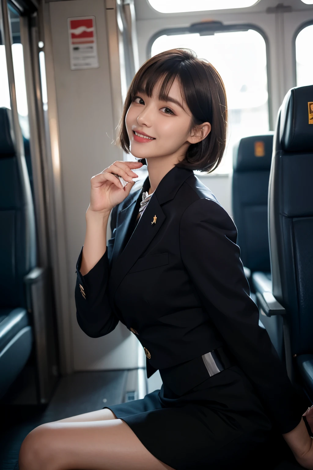 (masutepiece:1.3), High resolution, ultra-detailliert, the Extremely Detailed CG Unity 8K Wallpapers, Realistic, photo-Realistic, Raw photo, beautifull detailed face, pale skin, Realistic skin, Detailed Cloth Texture, detailed hair texture, perfectly proportions, Beautiful face, 准确, Anatomically correct, Highly detailed face and skin texture, Natural neck length, (beautiful hand air skin:1.2), thin legs, Thin feet, Sexy thighs,
BREAK,
Detailed eyes, Symmetrical eyes, Light brown eyes, Double eyelids, Thin eyebrows, (Glossy lips:1.4), (Goddess smile:1.2),
BREAK,
(Classy and cute girl:1.3), (Wearing the elegant flight attendant uniform of Japan Airlines:1.2),
(medium large breasts), (Slender figure:1.2),
(dark brown hair, Wavy Hair), ((Short hair, asymmetrical bangs:1.2)), (upperbody shot:1.2), (Looking at Viewer:1.2), From Side,
BREAK,
((Walk through the wide aisles of Private First Class in a guiding pose:1.2)), (On the bus: 1.2),bus guide、natta
