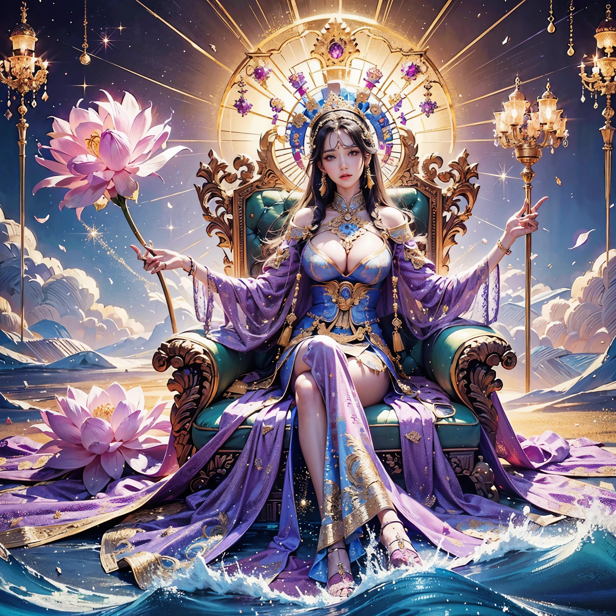 a goddess with gigantic breast in a purple outfit posing on the sky, wearing an ornate outfit, wearing ornate clothing, wearing ornate silk clothes, inspired by Rudy Siswanto, traditional beauty, ornate attire, intricate silk clothing, ornate clothing, lotus goddess, beautiful oriental woman, ao dai, beautiful costume, by Basuki Abdullah, beautiful digital artwork, portrait shot, intricate outfit, masterpiece, best quality:1.2),,(8k,highres,RAW photo,realistic,photo-realistic:1.3),(detailed skin texture,detailed cloth texture,beautiful detailed face:1.25),professional lighting,photon mapping,beautiful soft light,radiosity,physically-based rendering,raytracing, model shoot style, model shoot style, (extremely detailed CG unity 8k wallpaper), full shot body photo of the most beautiful artwork in the world,