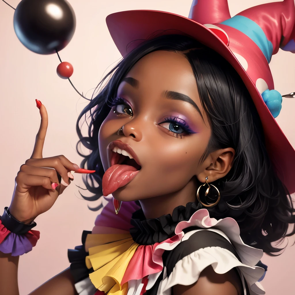 Ebony, ((sticking tongue out)), clown, long tongue, cross-eyed