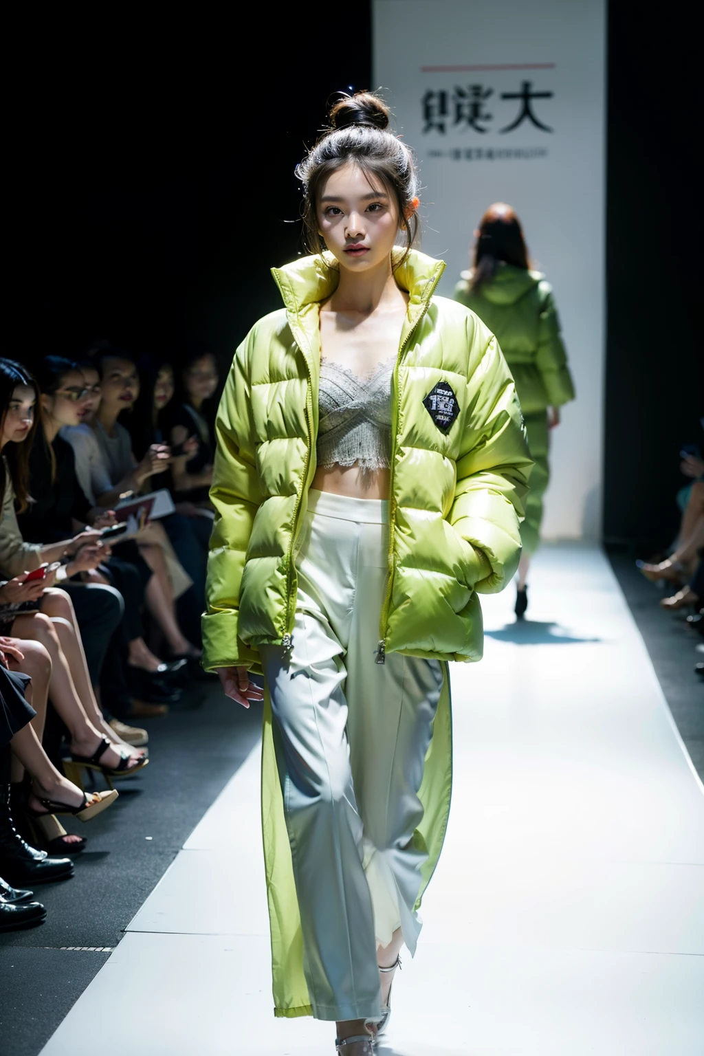 An elegant Chinese female model walks on the catwalk wearing a light green mid-length down jacket,Down jacket features intricate Chinese knot and fringe details。natural lightting。High Fashion Photography Style。Film texture。Gentle Chinese woman