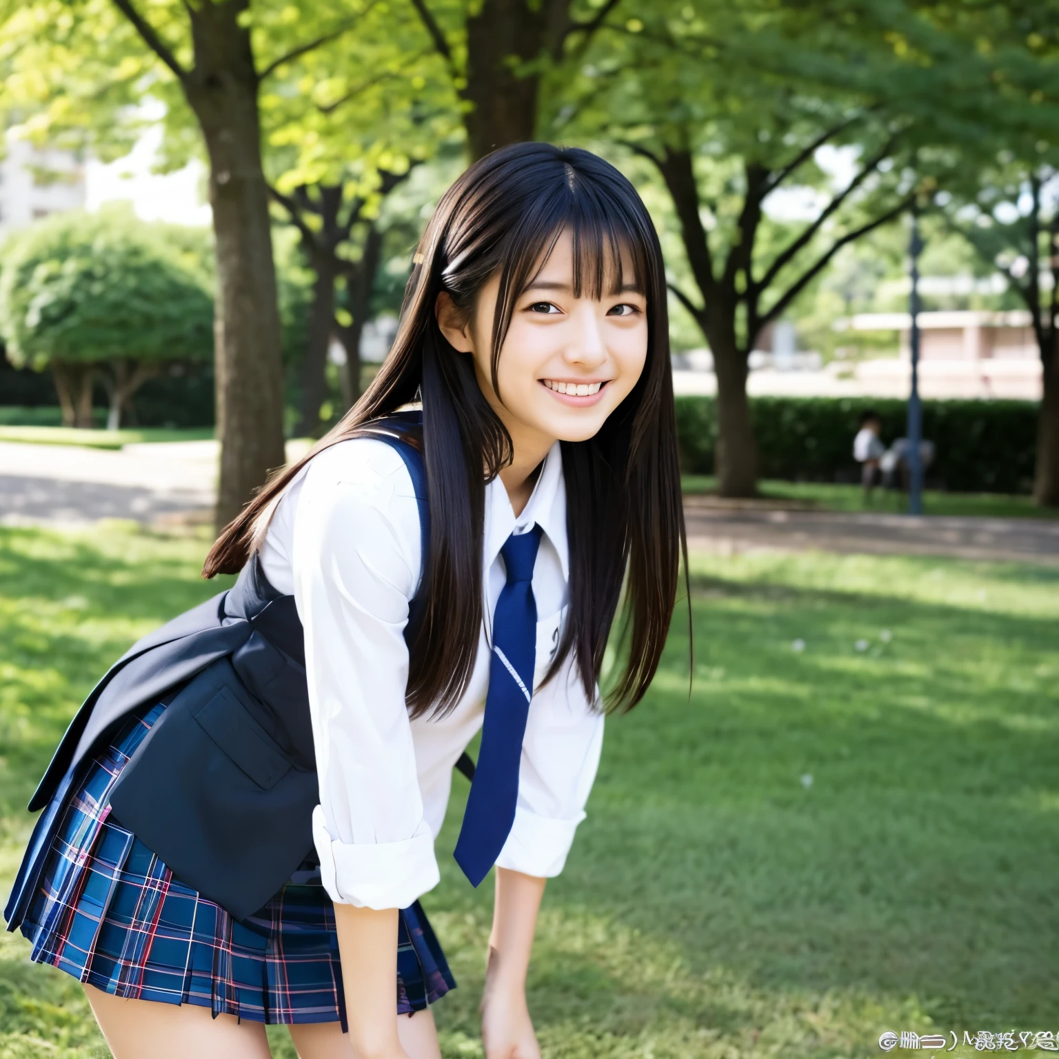 ((masterpiece)), japanese, (a girl), (18 years old), (((school uniform))), smiling, a park, dark blue knit vest, (crouch down on grass), (view from front), sunshine, thighs, 