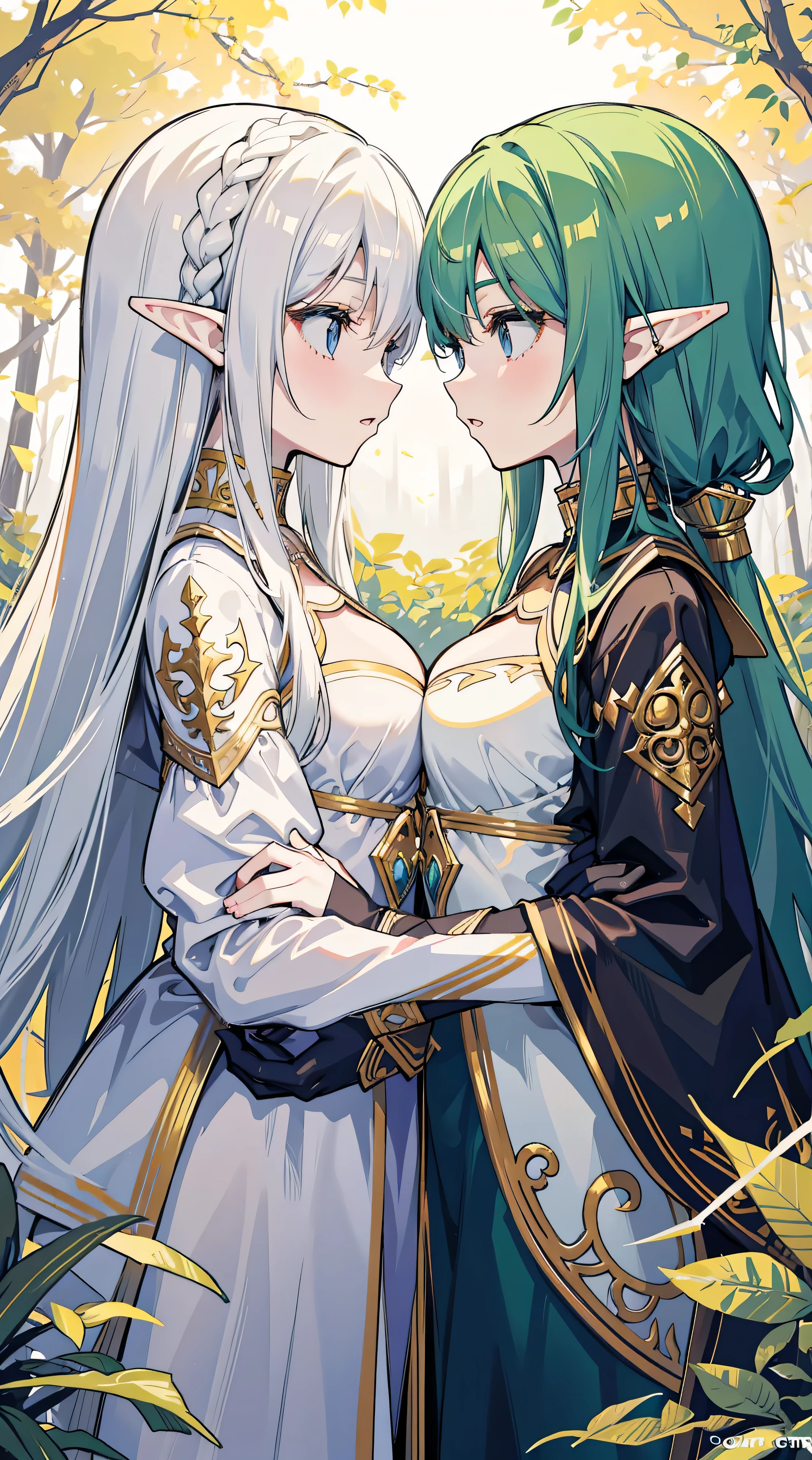 Two female elves,Equal stature,One black and one white,face to face,hold each other tight,kisses,at a forest