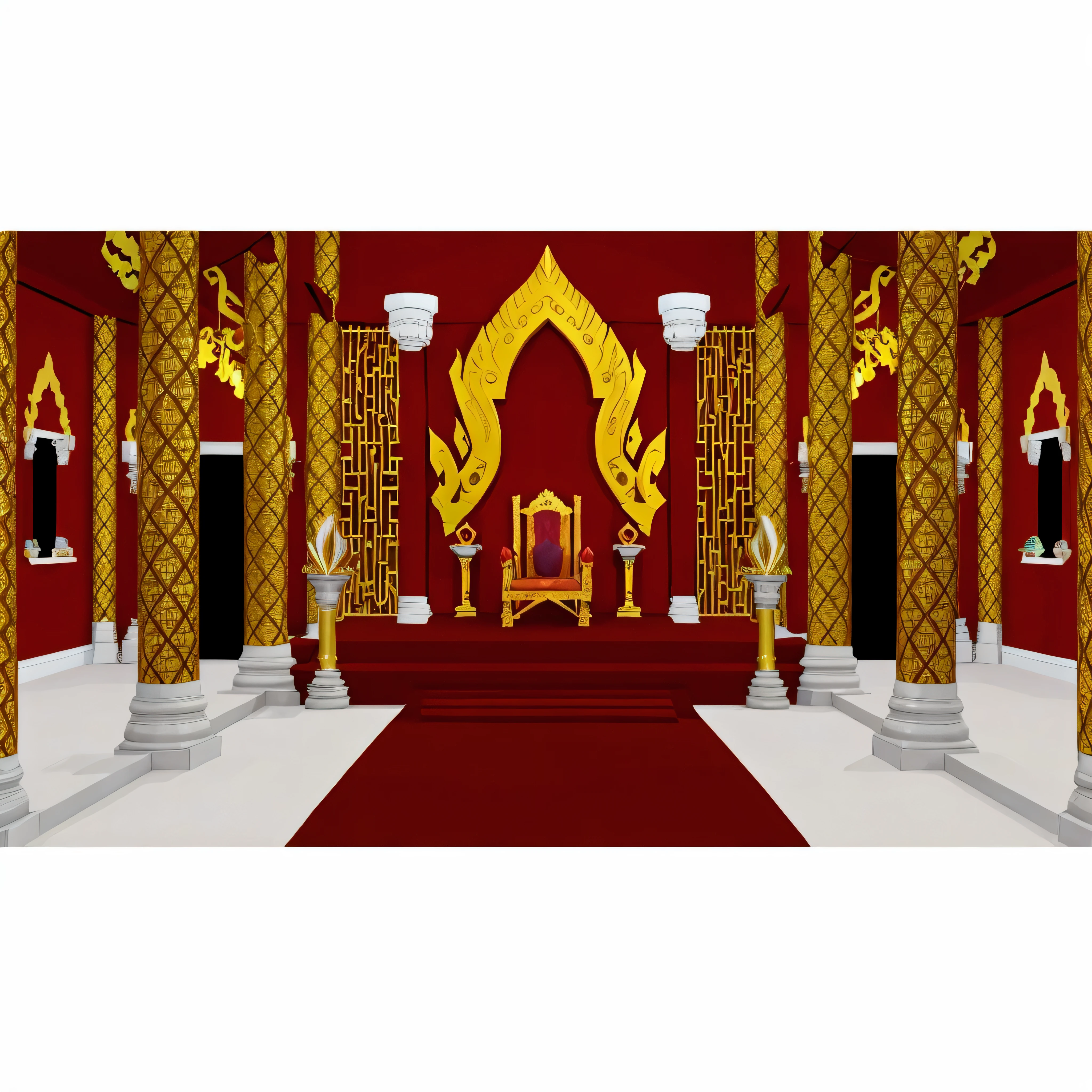 2D cartoon of a there is a red carpet in a room with gold columns, throne room, exquisitely designed throne room, decadent throne room, rustic throne room, in a throne room, temple background, background depicting a temple, seated in royal ease, royal interior, golden throne, gold throne, ancient interior tent background, palace background, thai temple, raytraced 2d cartoon set design