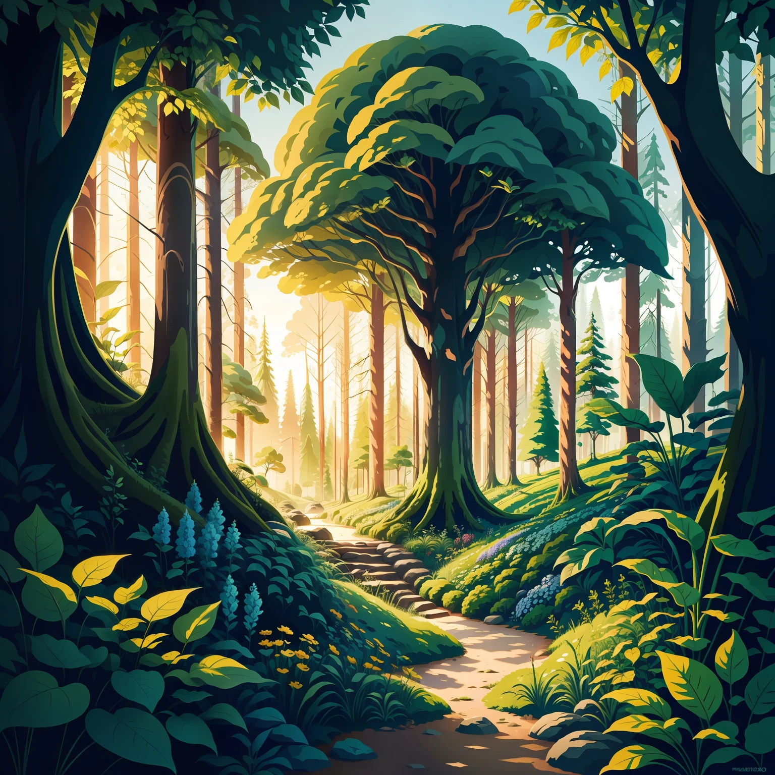 Earth Day Poster, flat illustration tree, Flowers, bush, landscape blue, Green, yellow, Background, Bright colors, Chiaroscuro, Super High Detail, 4K, flat illustration vector art sharp focus (gigapixel) Flower Garden ((masutepiece)) in woods、A lot of bees、lots of trees、picture book