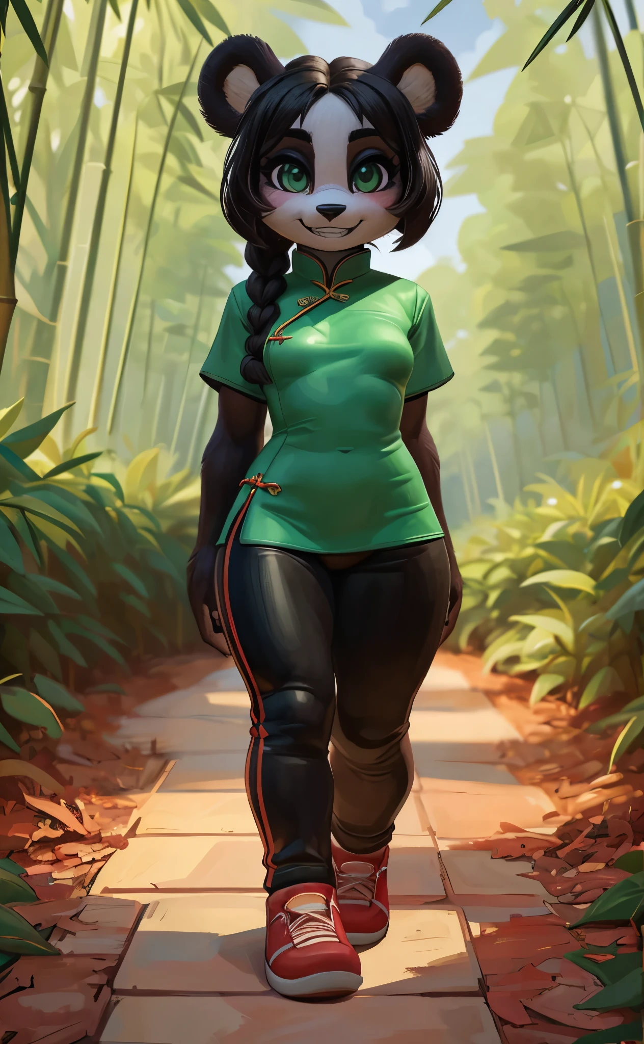 [Yaya Panda], [Uploaded to e621.net; (Pixelsketcher), (wamudraws)], ((masterpiece)), ((HD)), ((solo portrait)), ((full body)), ((front view)), ((feet visible)), ((furry; anthro)), ((detailed fur)), ((detailed shading)), ((beautiful render art)), ((intricate details)), {anthro panda; (black fur), (white fur), black nose, (cute green eyes), (short eyelashes), black hair, braided ponytail, (curvy hips), (beautiful legs), (blushing), (cute grin)}, {(chinese clothing), (green shirt), (red yoga pants), (red shoes)}, {(standing), (looking at viewer)}, [background; (bamboo forest), (beaten pathway), (blue sky), (cloudy)]