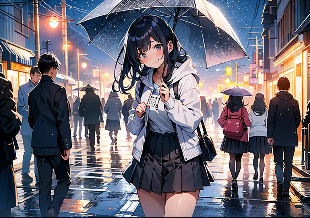 (tmasterpiece,Best quality at best:1.3),extremly high detail,复杂,8K,Alone,ssmile,Wallpapers,电影灯光,hoody, Short pleated skirt, the street, luring,heavy rain poured, neonlight