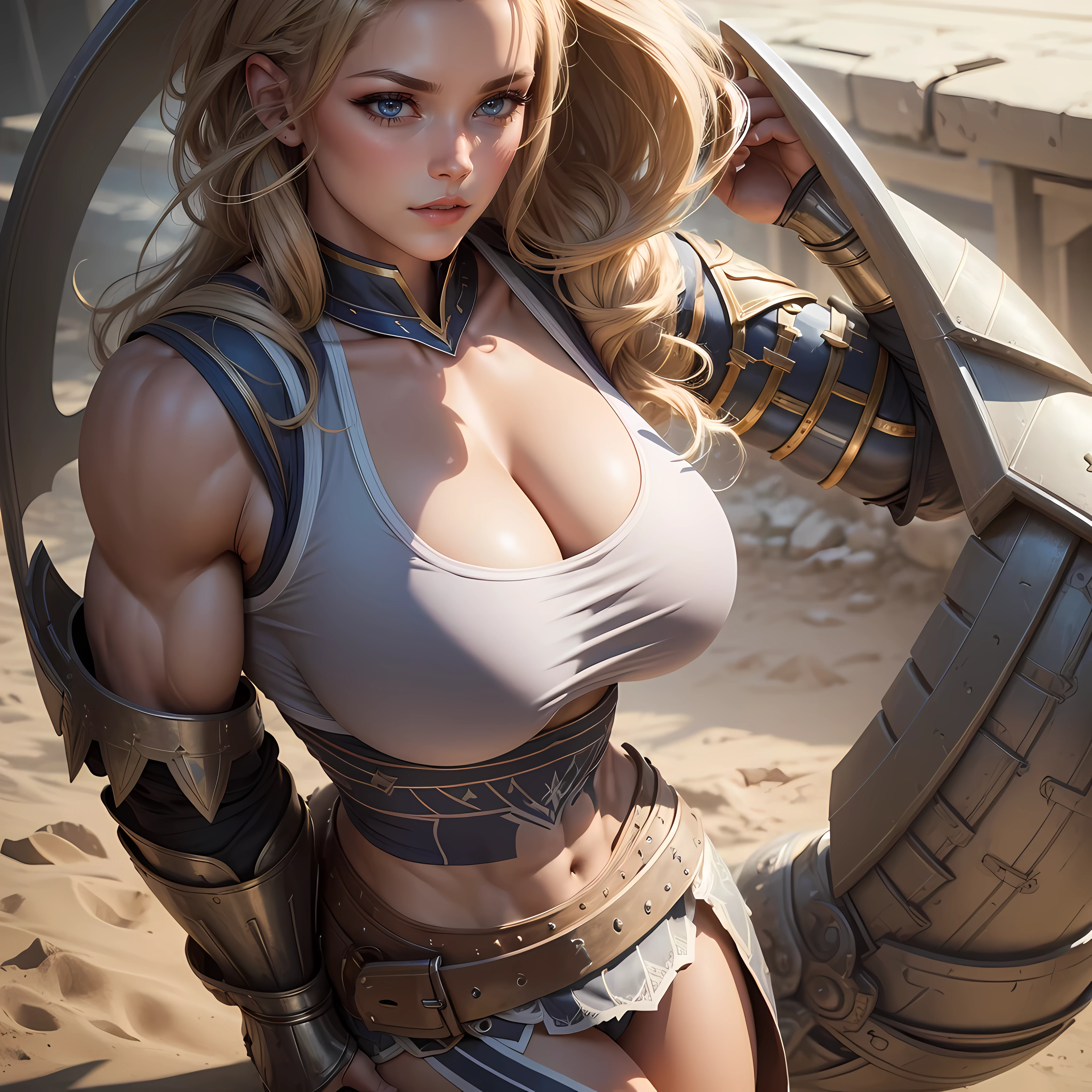 very beautiful valkyrie, few armor, (((huge breasts:))), sports bra, ((((huge muscles))))