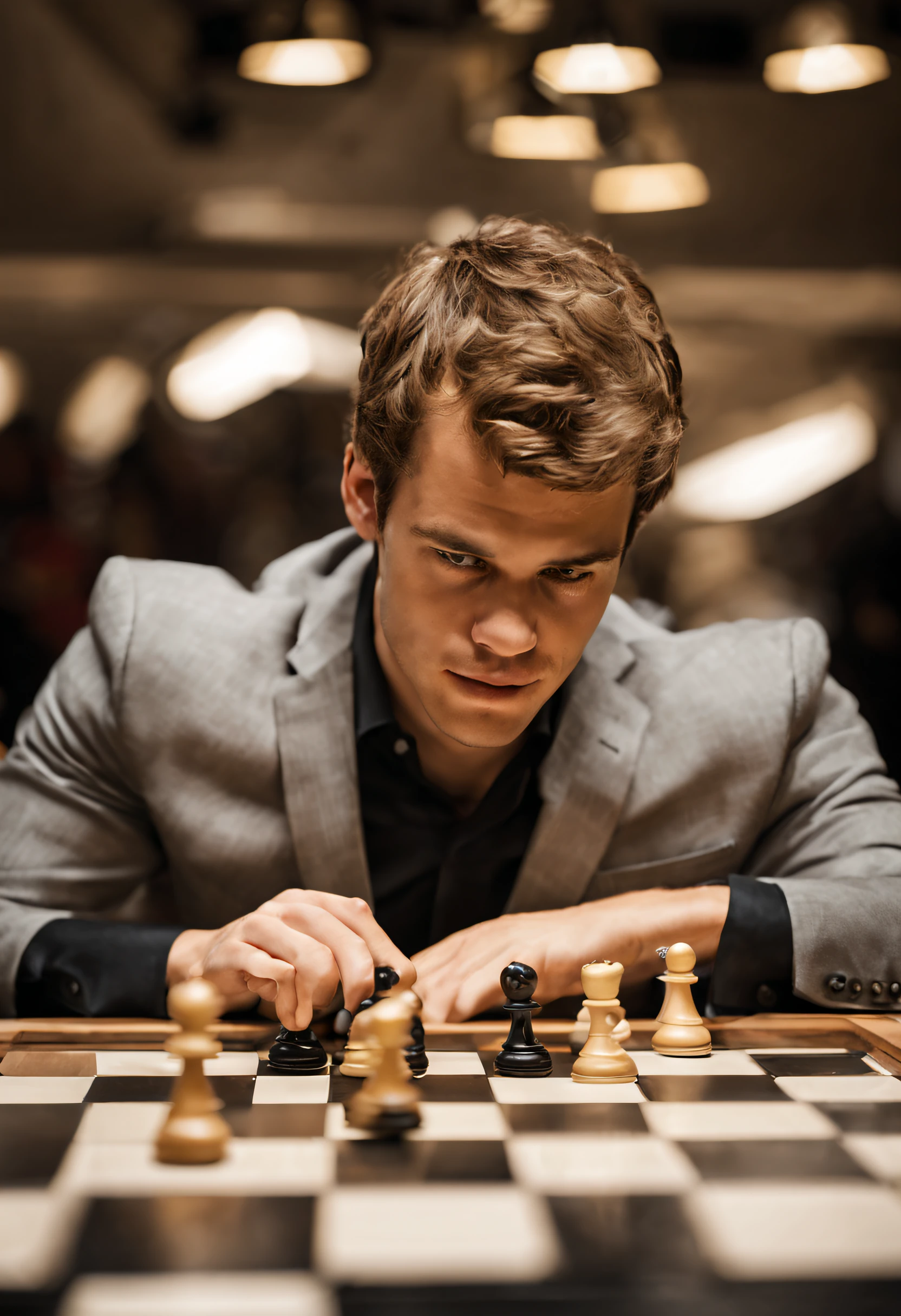 "Experience the thrill of the game as Magnus Carlsen's nimble fingers dance across the chessboard, his every move a masterful stroke of genius."